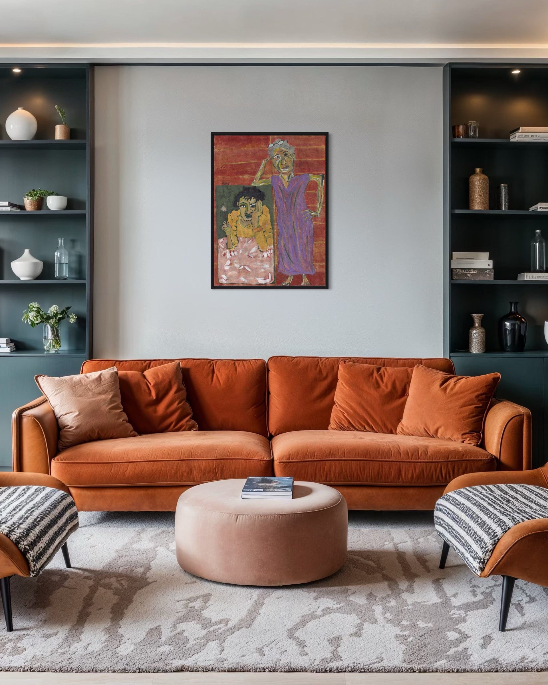 Modern living room with orange sofa, ottoman, and wall art.