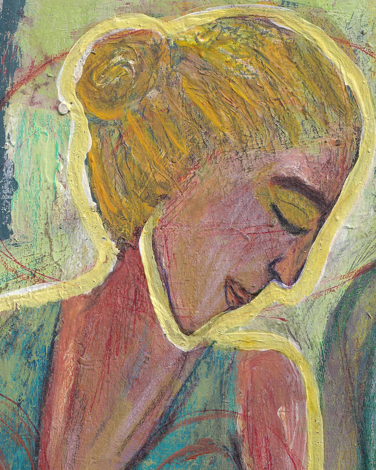 Artistic depiction of a woman with blonde hair and a red dress against a textured background.
