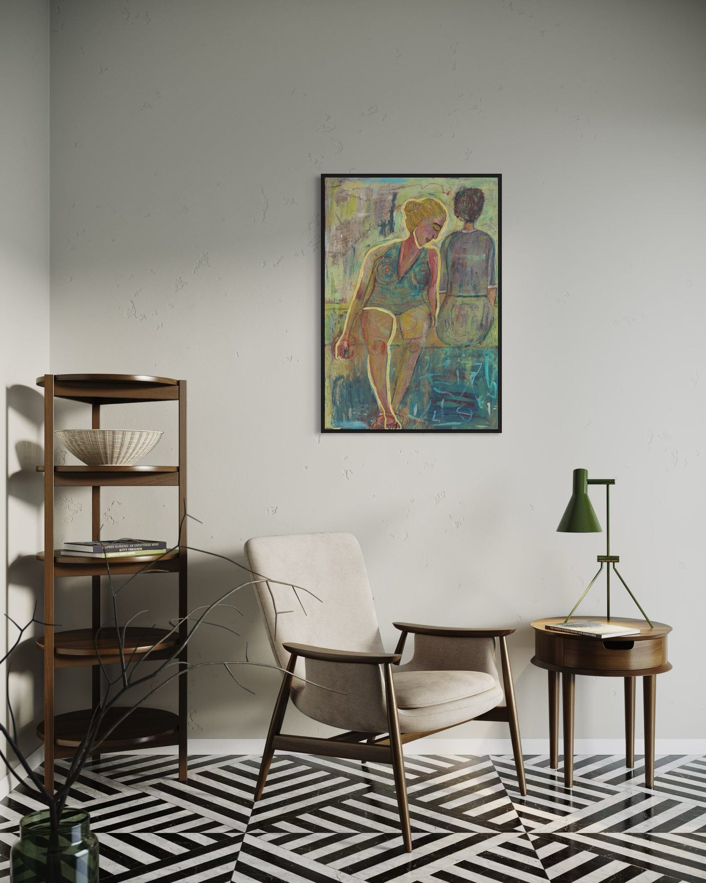 Modern interior with a chair, side table, and wall art in a room with a geometric floor pattern.