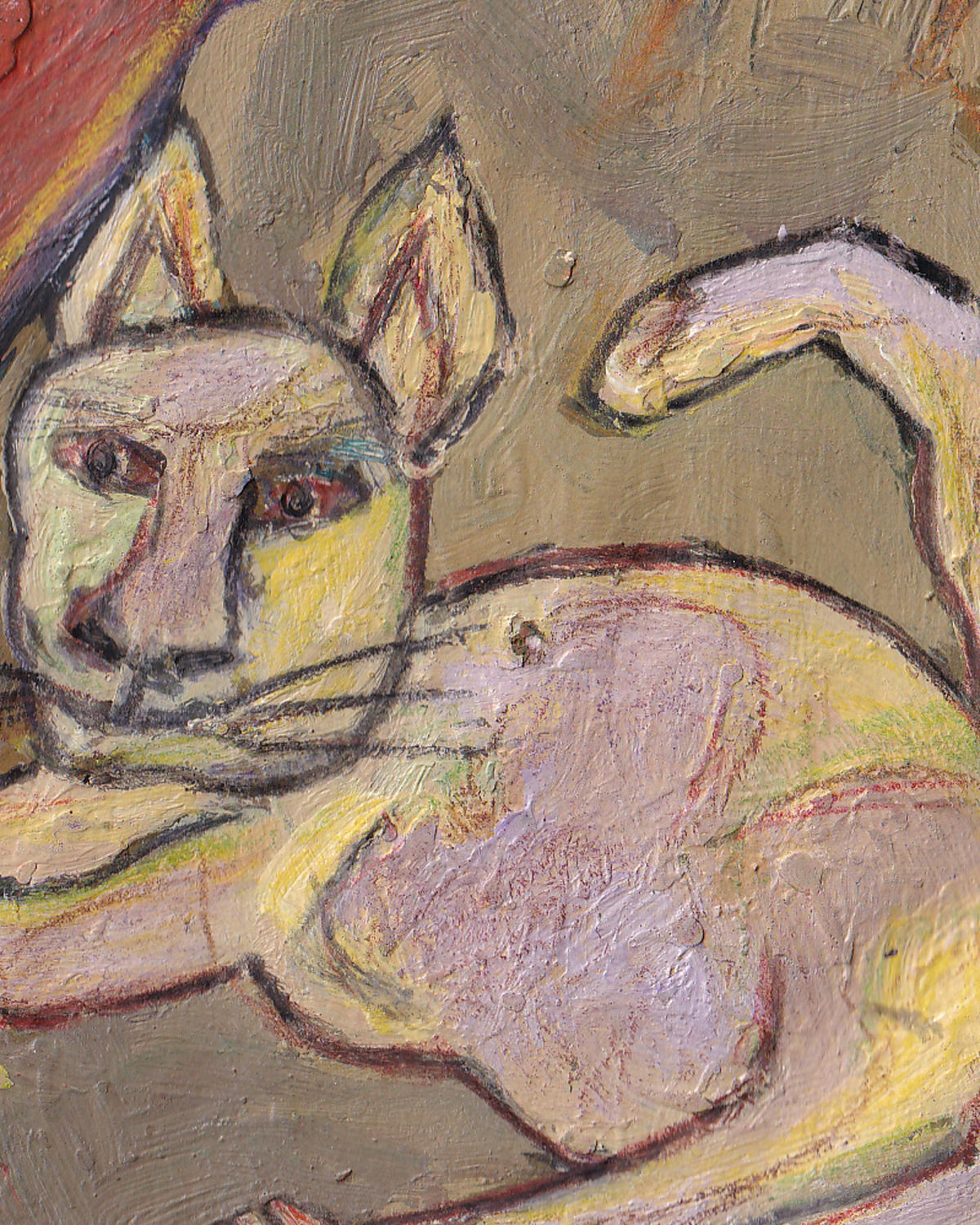 Abstract painting of a cat with a stylized, textured style.