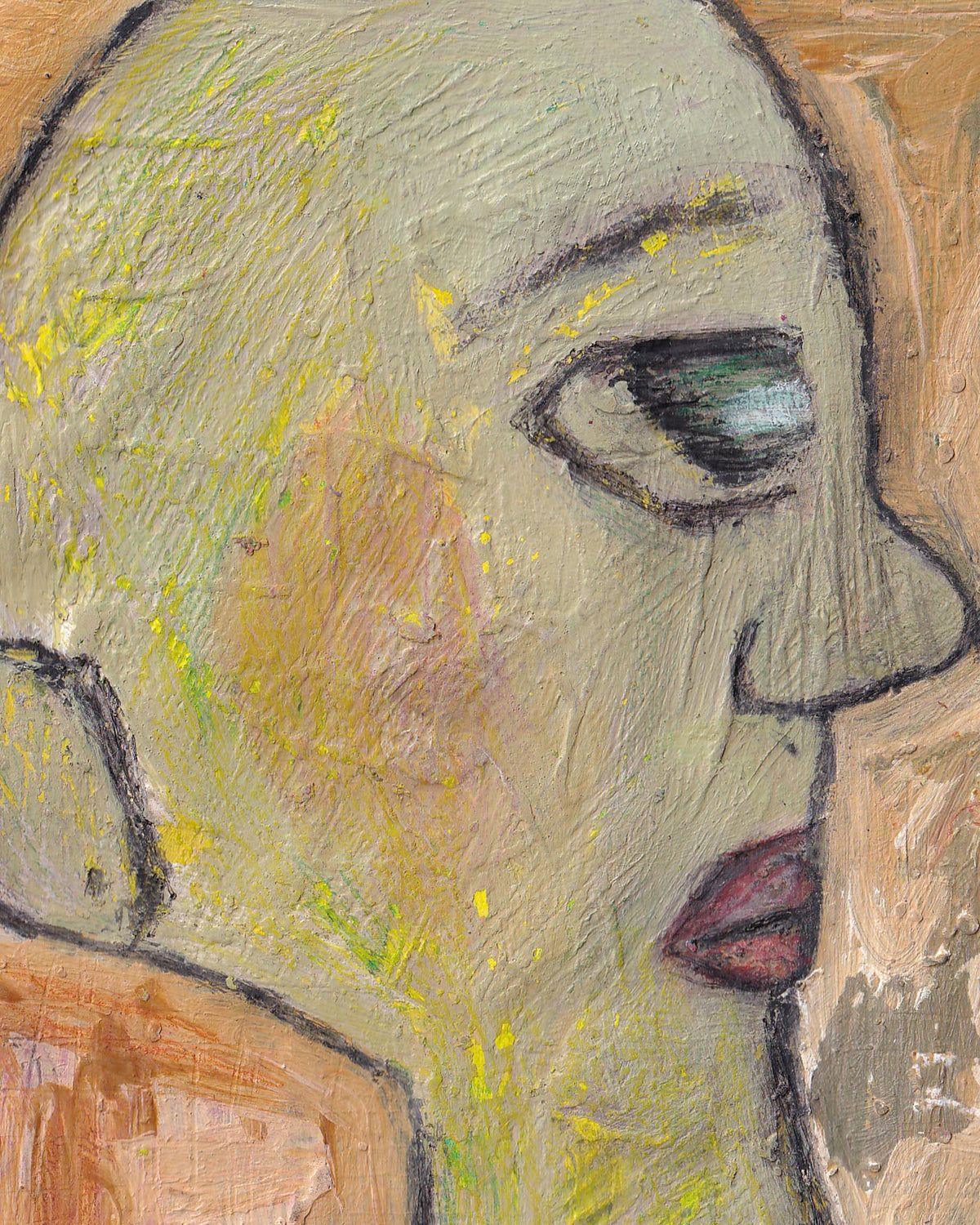 Abstract painting of a face with textured brushstrokes in beige, brown, and green tones.