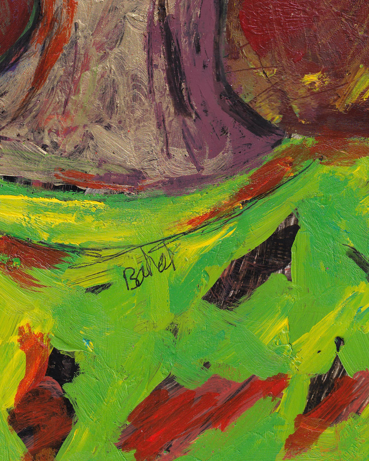 Abstract painting with bold colors and a signature in the bottom right corner.