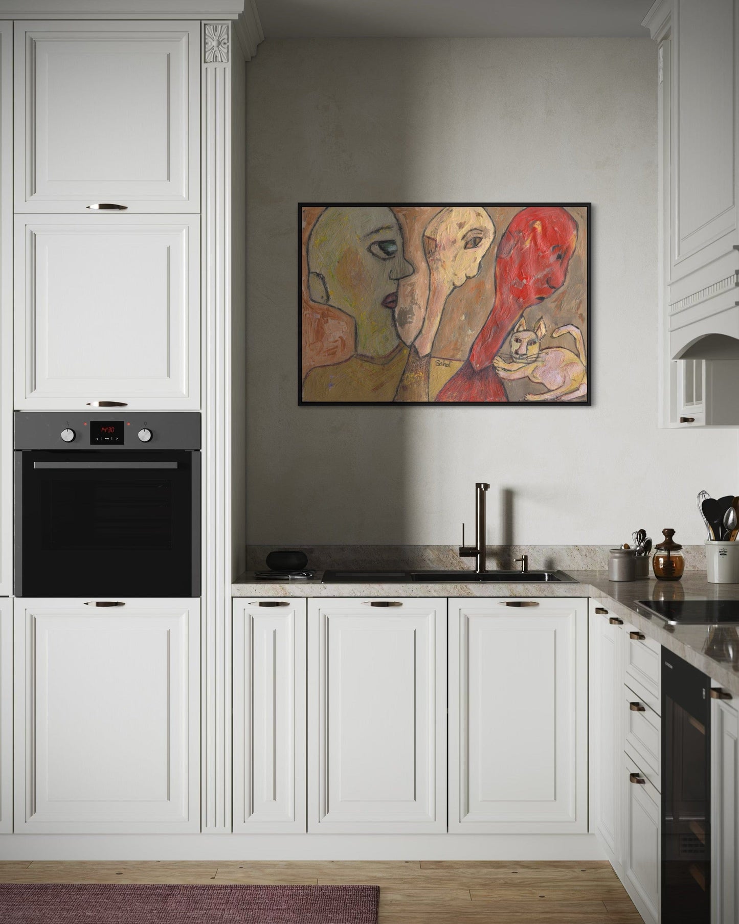 Modern kitchen with white cabinets, black appliances, and a colorful abstract painting on the wall.