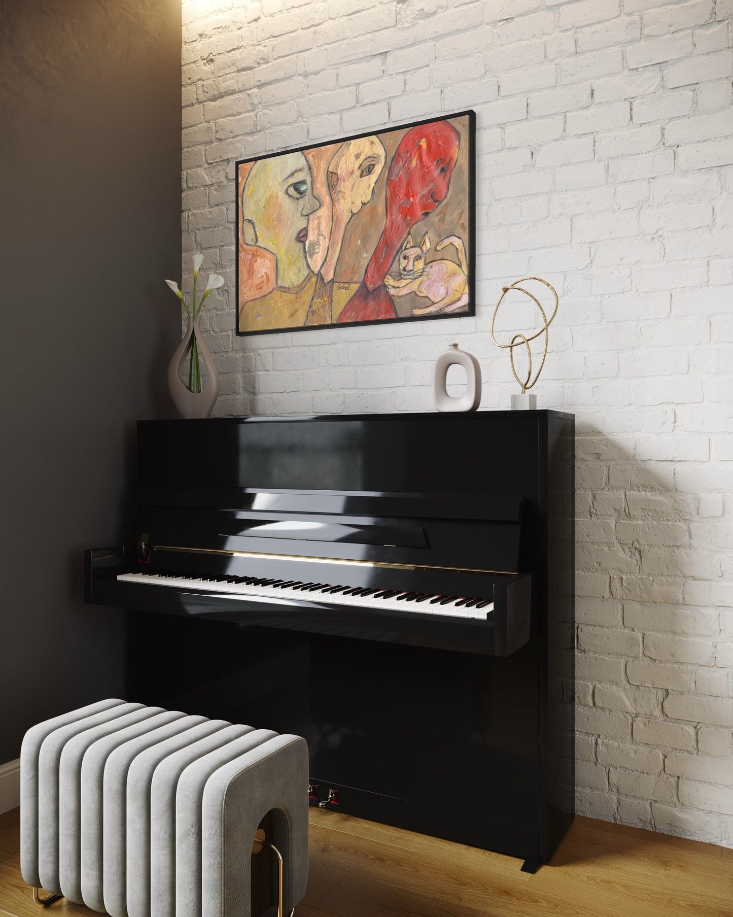 Black upright piano against a white brick wall with a painting above it.