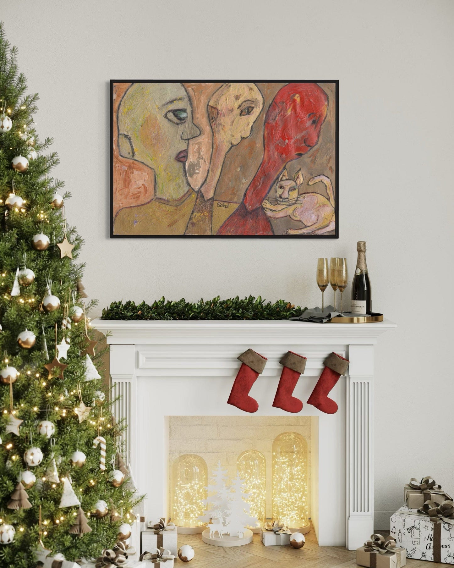 Decorated Christmas tree with stockings, fireplace, and festive decor.