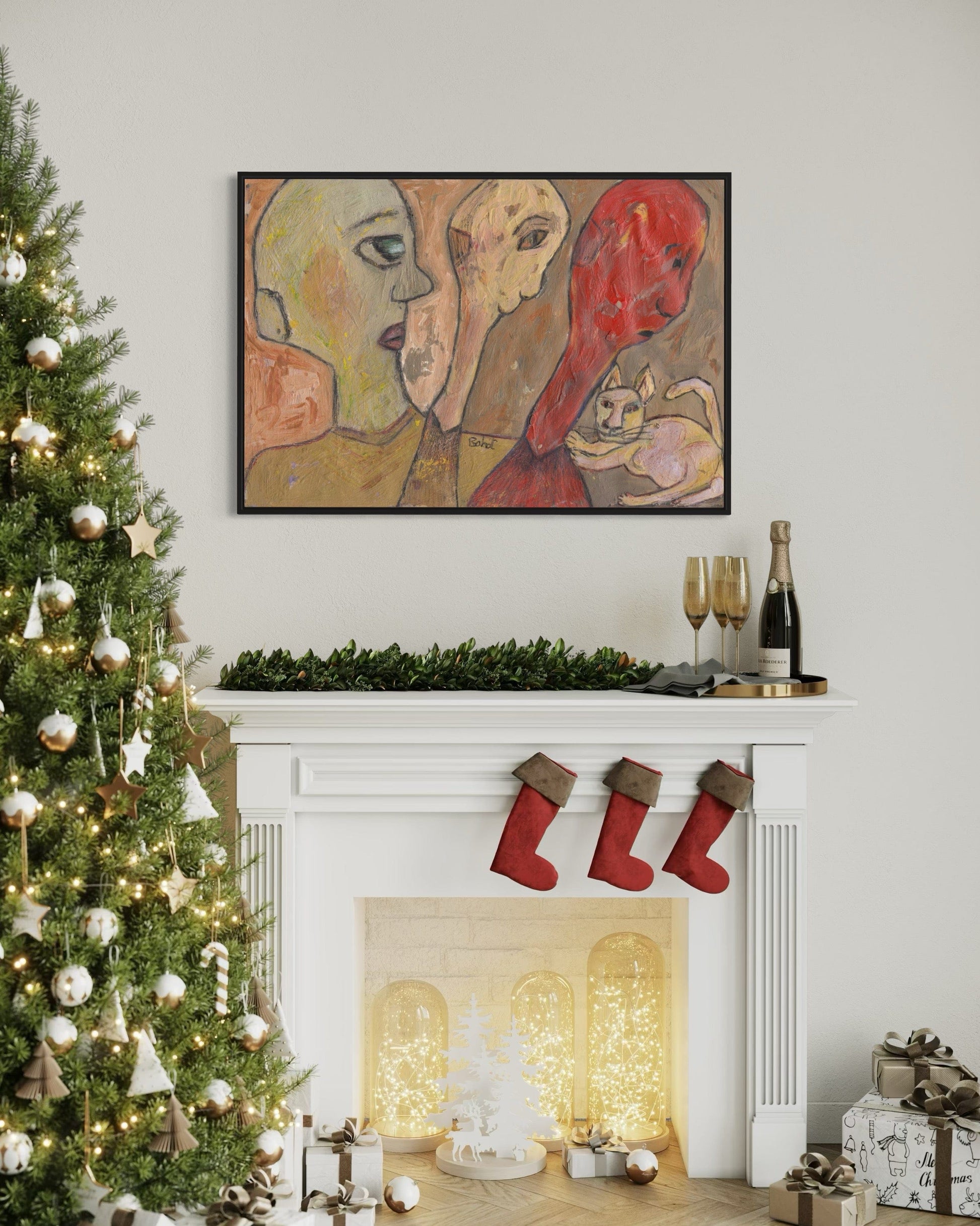 Decorated Christmas tree with stockings, fireplace, and festive decor.