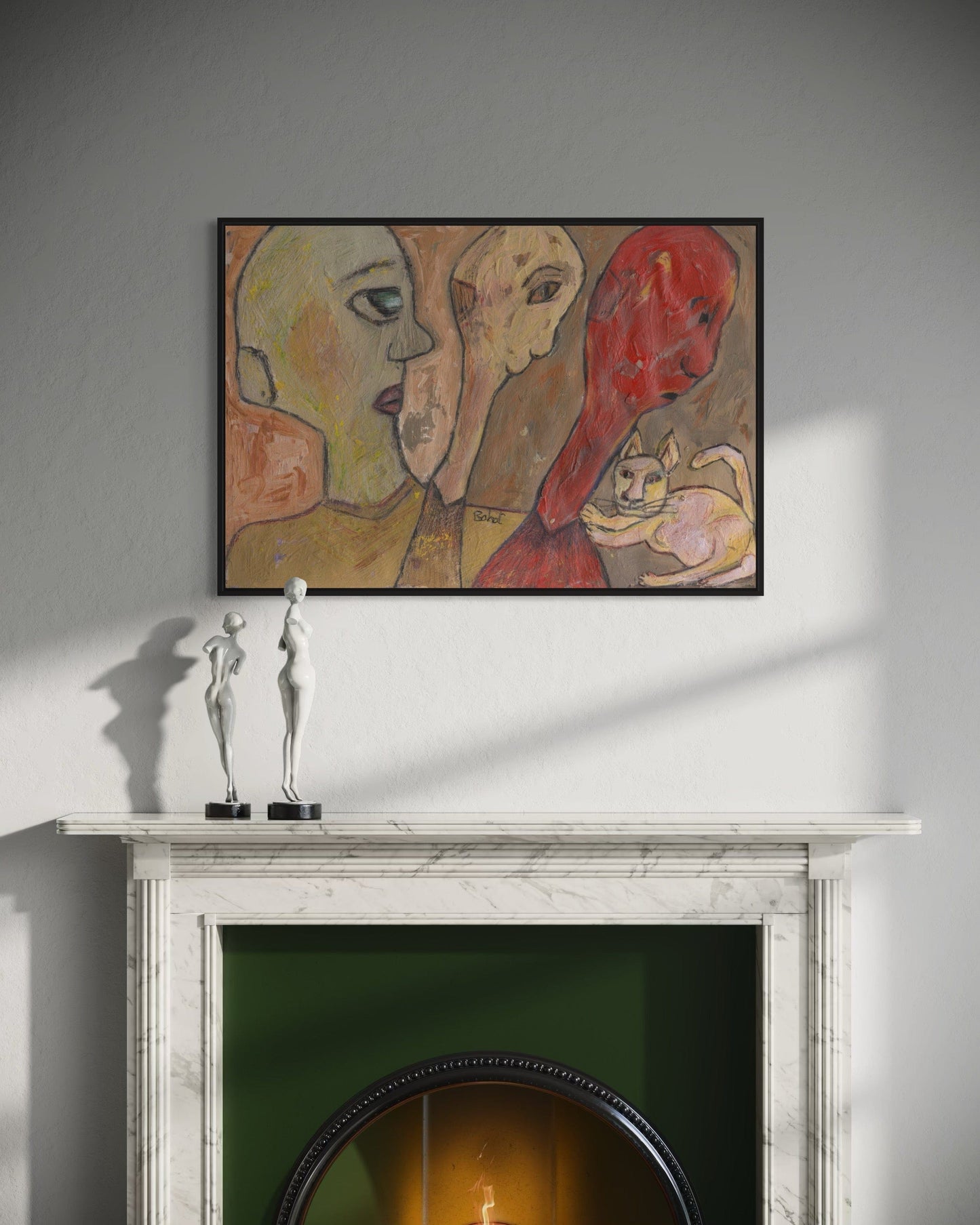 Abstract painting of three faces on a wall above a fireplace with sculptures.