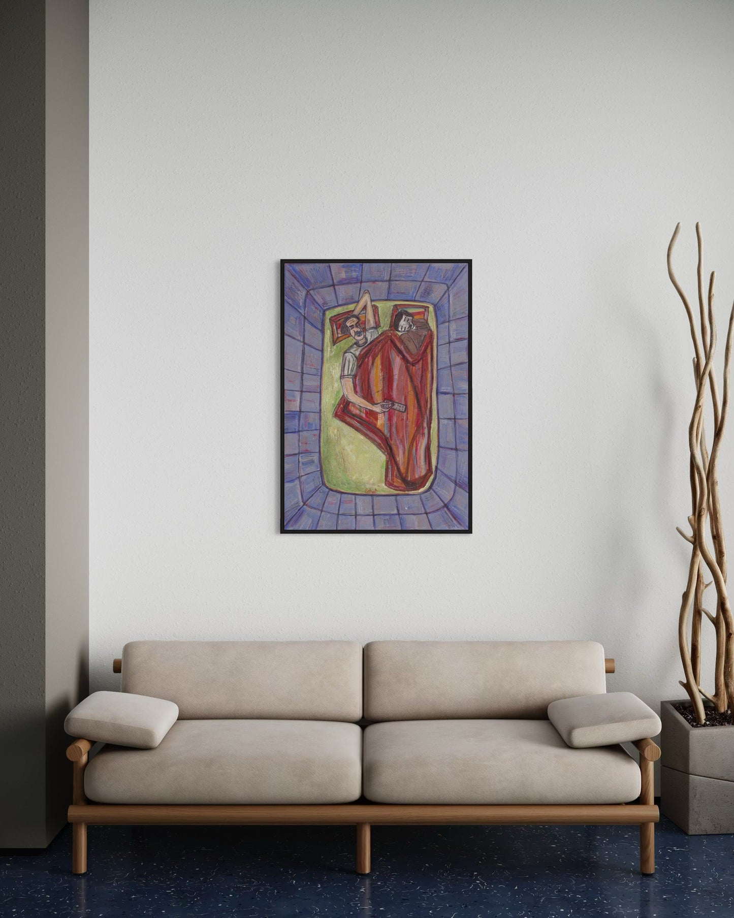 Beige sofa in a room with a colorful abstract painting on the wall.