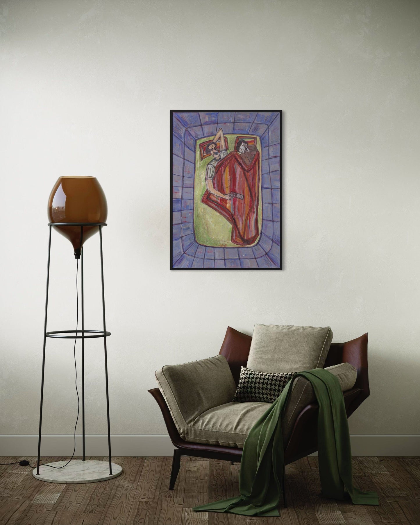 Living room with a chair, lamp, and colorful abstract painting on the wall.