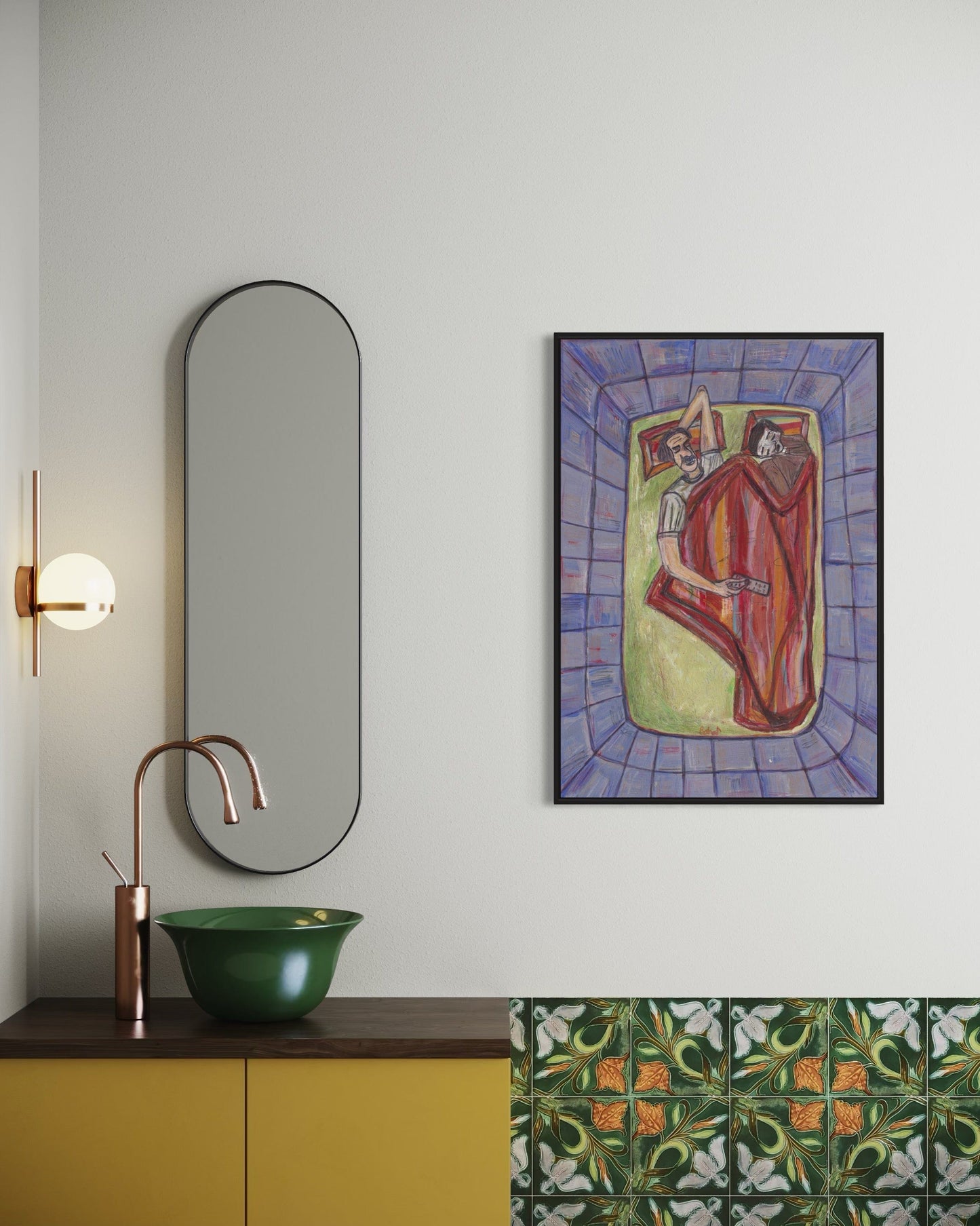 Bathroom interior with a mirror, sink, and wall art.