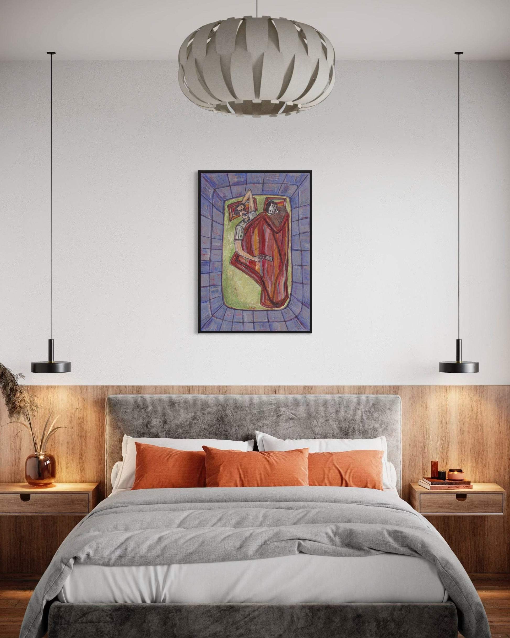 Modern bedroom with a bed, nightstands, and wall art.