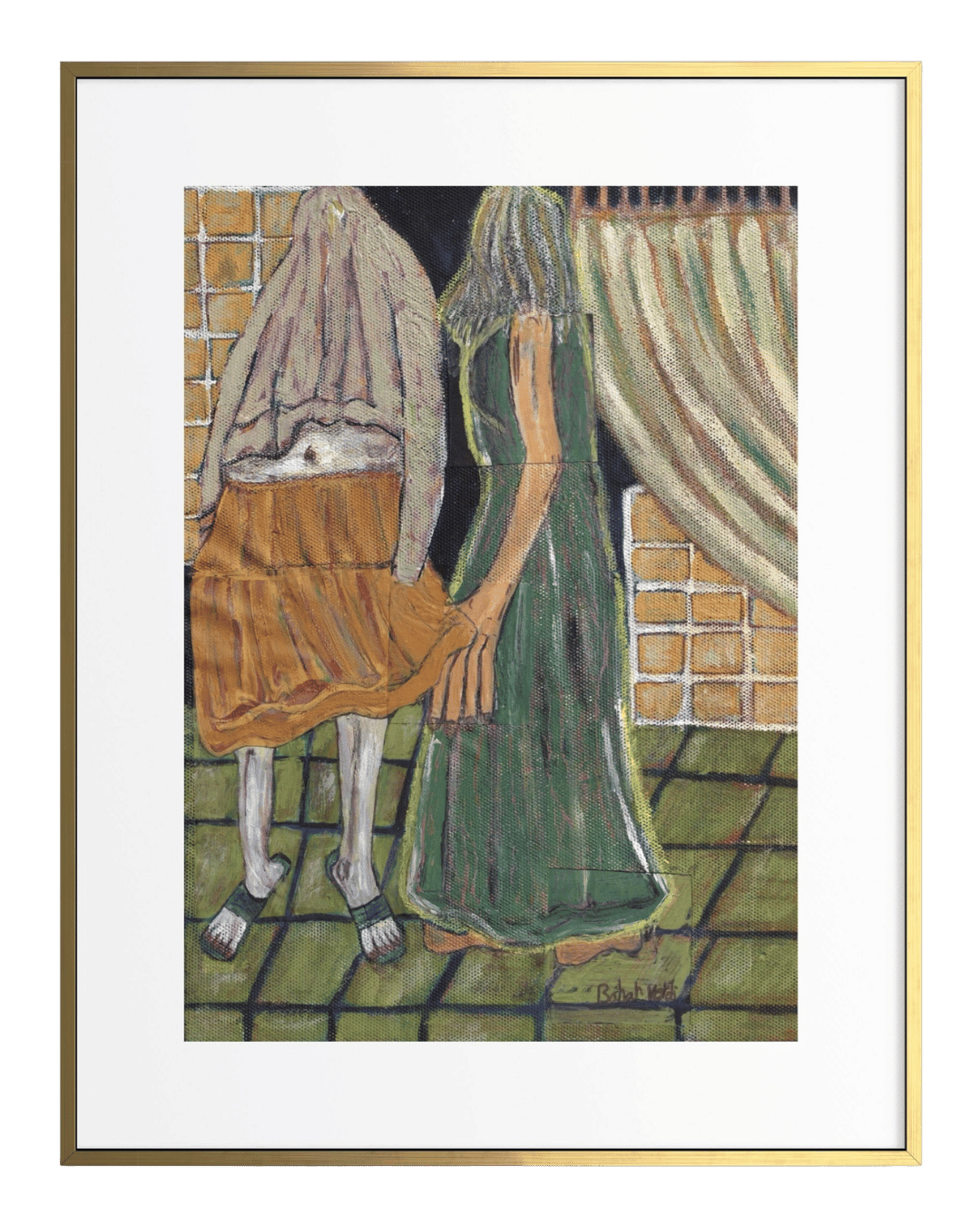 Artistic depiction of two figures with a baby in a crib, framed with a green border.