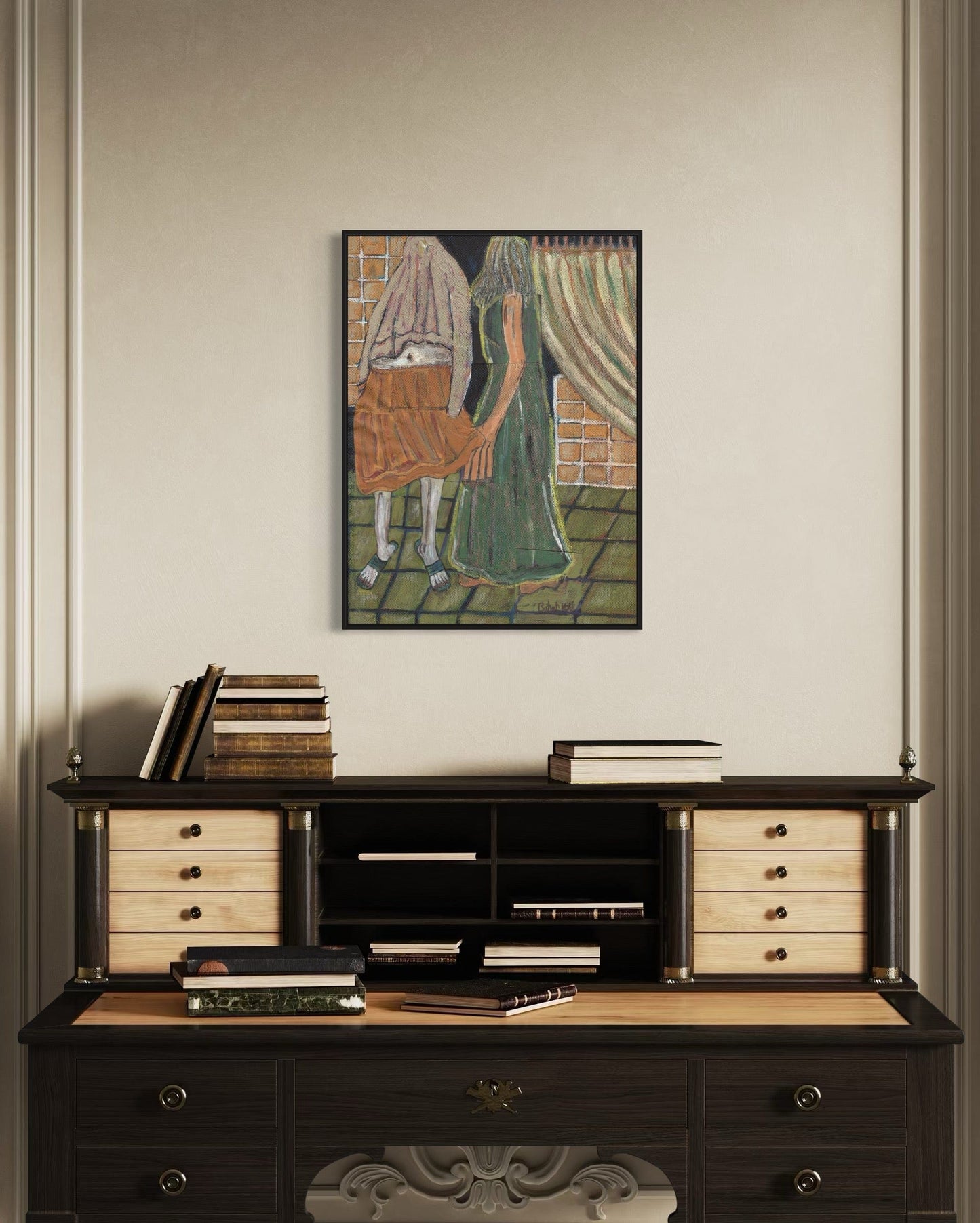 Dark wooden desk with drawers and books, above a framed artwork on a beige wall.