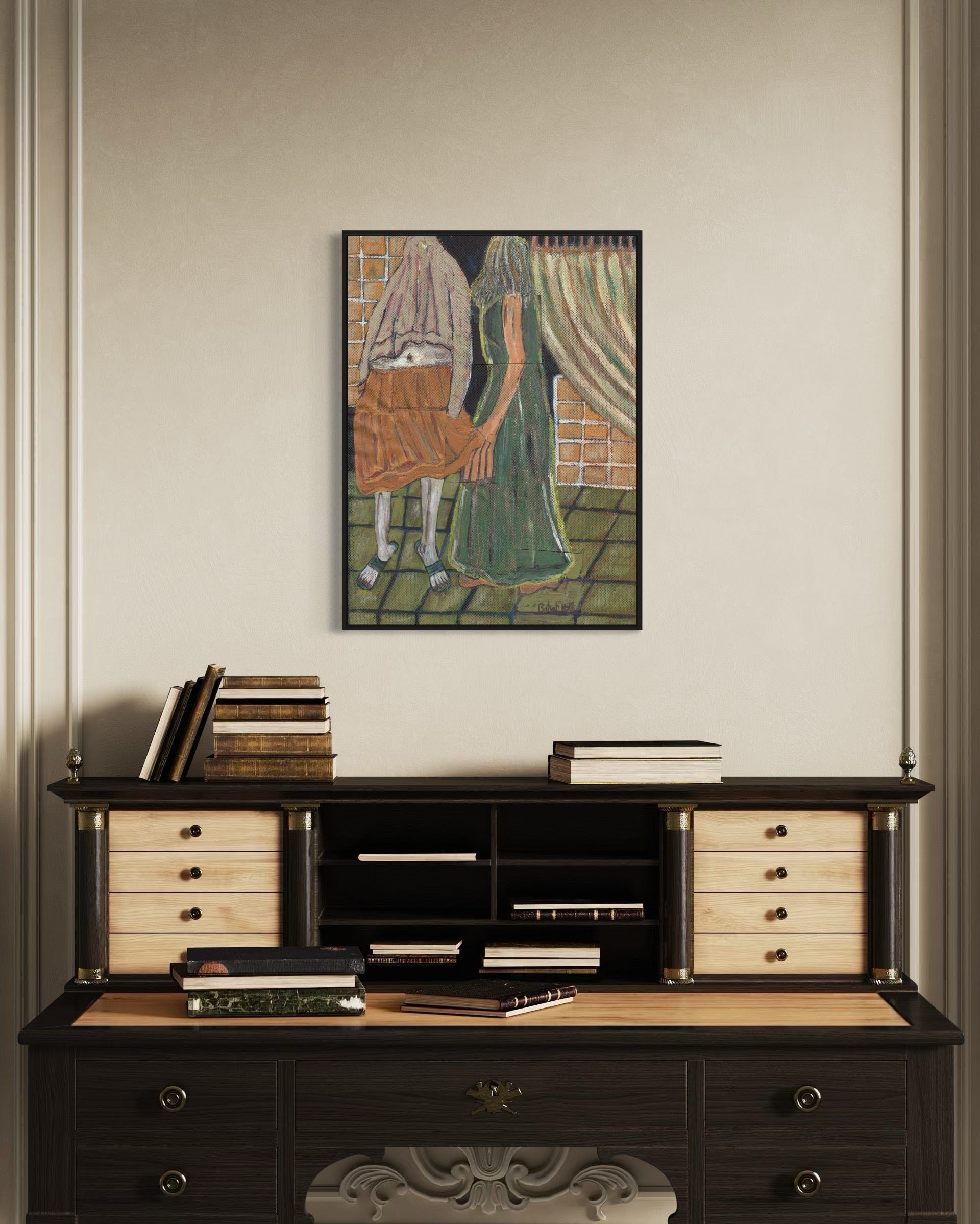 Dark wooden desk with drawers and books, above a framed artwork on a beige wall.