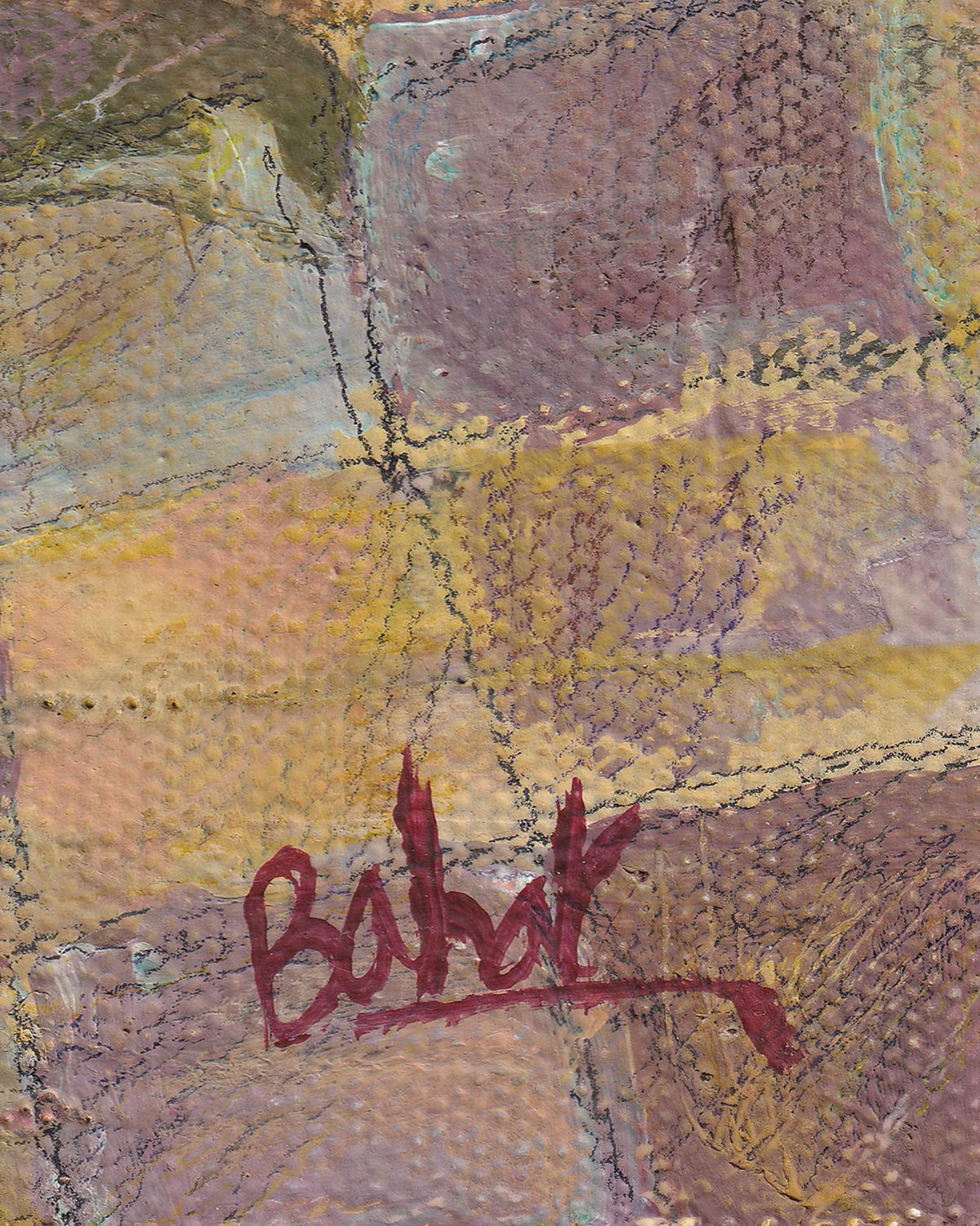 Abstract art with a signature in red on a textured surface