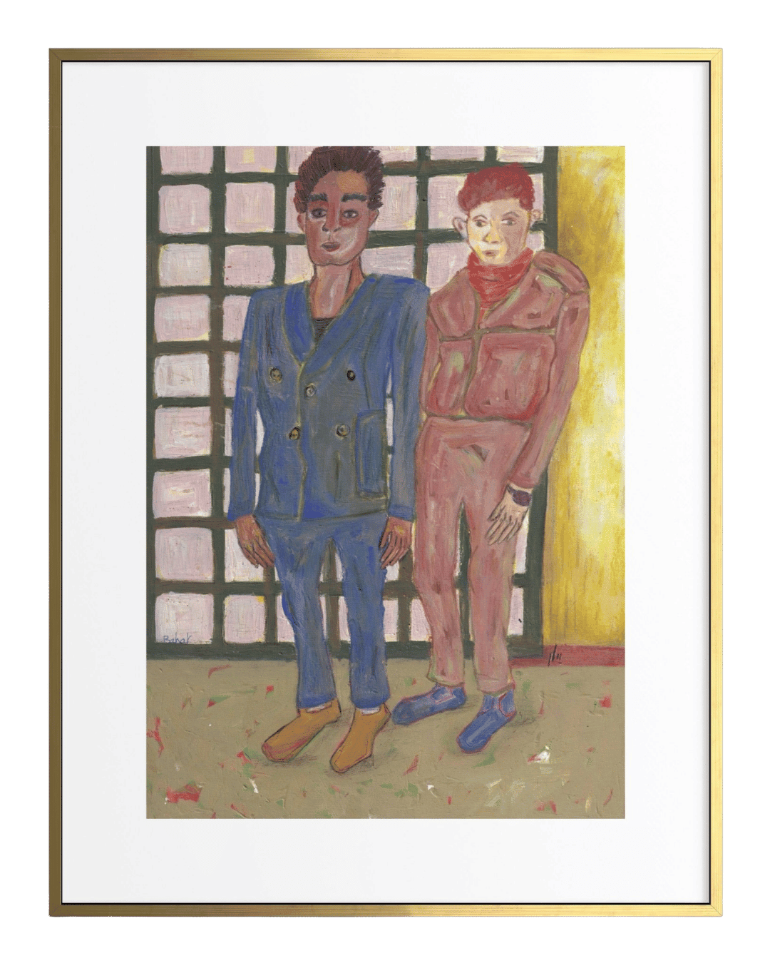 Artistic depiction of two figures in colorful clothing against a grid-patterned wall.