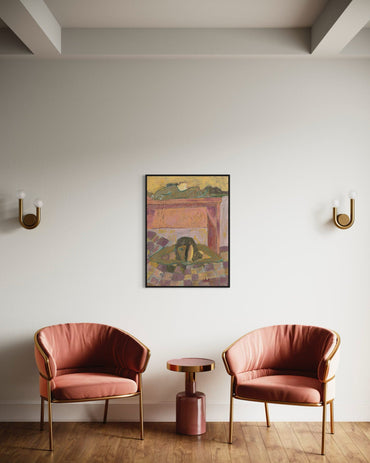 Two pink chairs with gold frames in a room with a wall painting.
