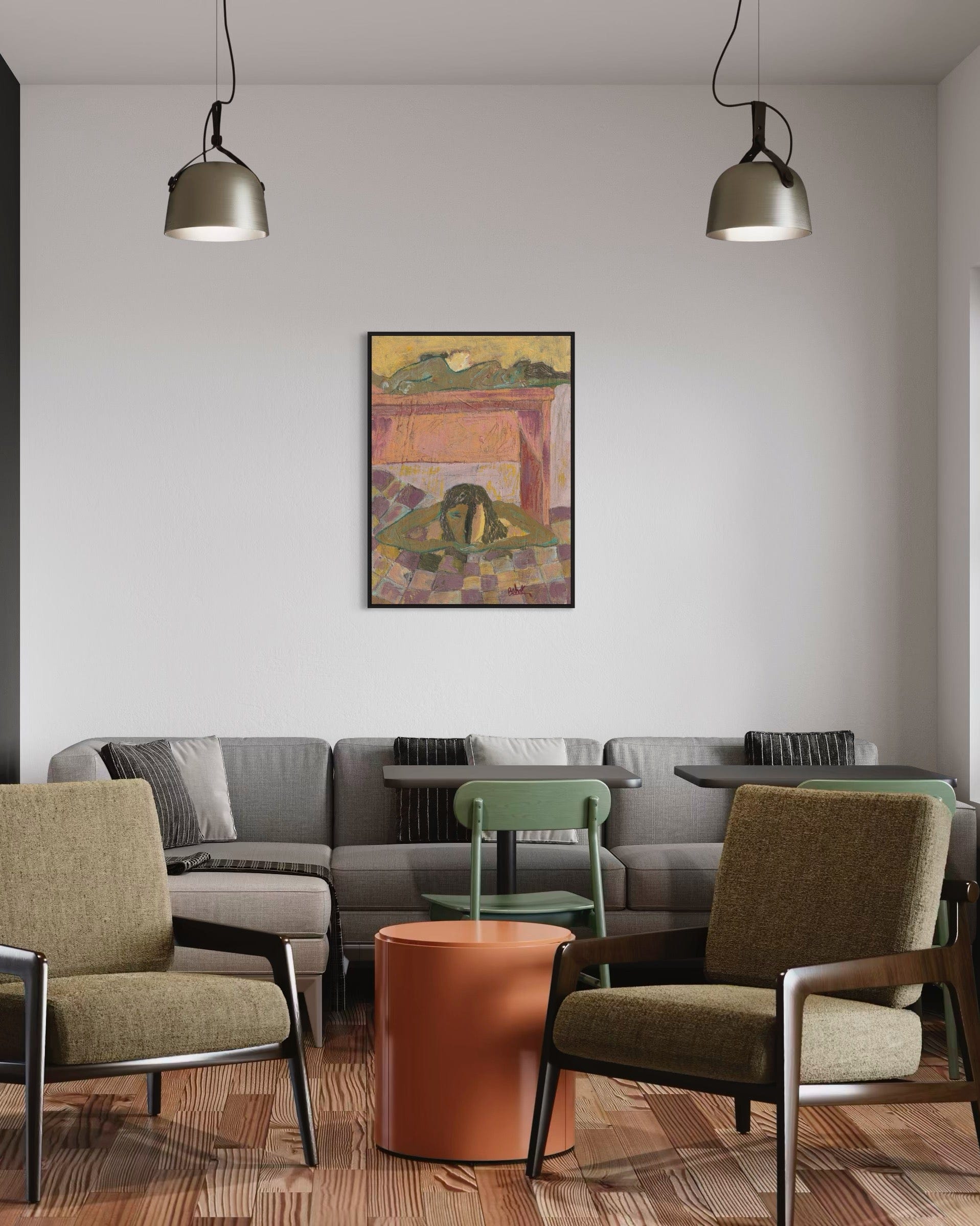 Modern interior with gray sofa, green chairs, and a colorful painting on the wall.