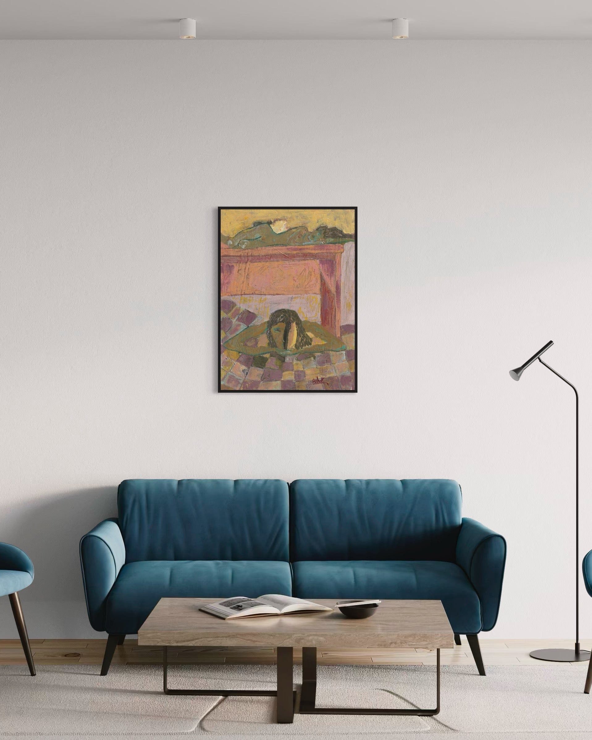 Modern living room with a blue sofa, wooden coffee table, and abstract painting on the wall.