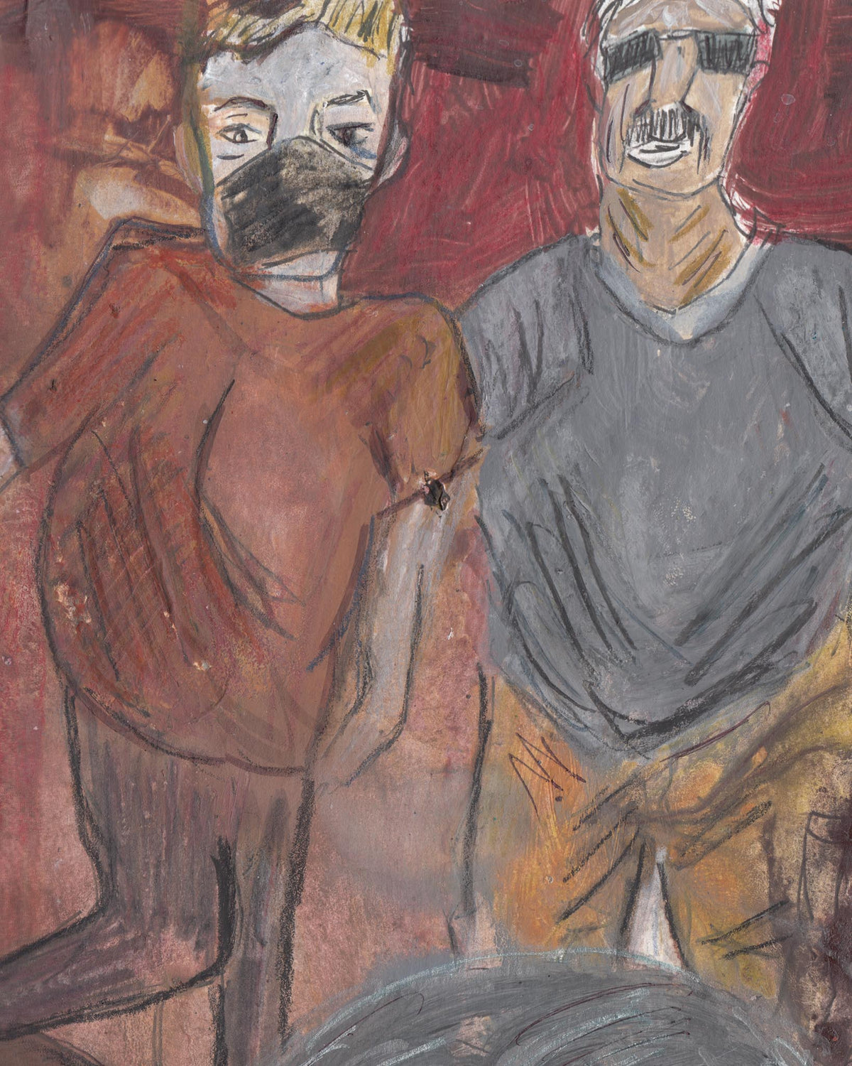 Two figures wearing masks in a close-up, with one figure in a red outfit and the other in gray.