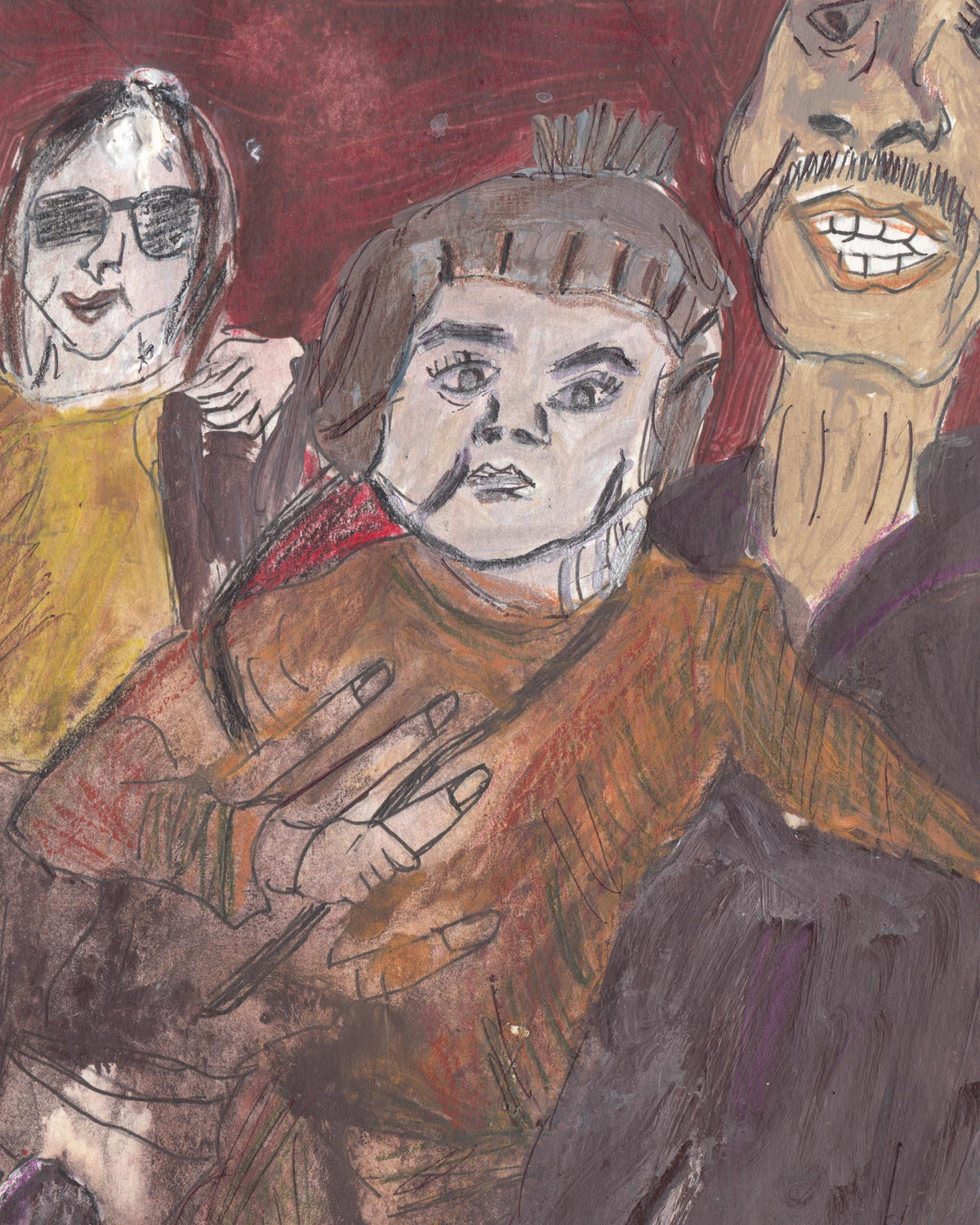 Artistic depiction of a person with a crown surrounded by other figures in a stylized manner.