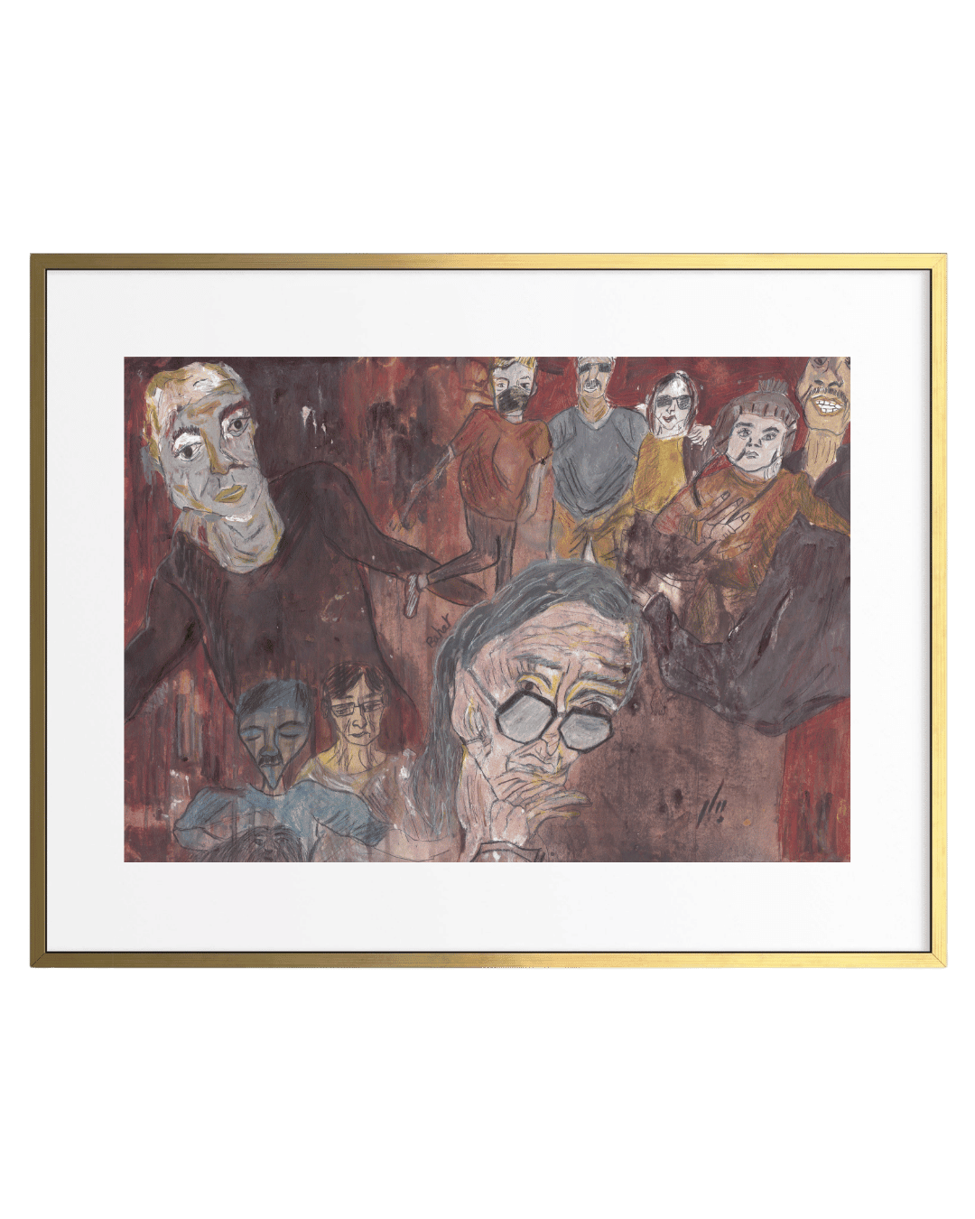 Framed artwork of stylized faces with a gold frame on a green background