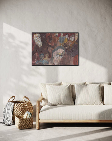 Framed artwork above a sofa in a living room setting