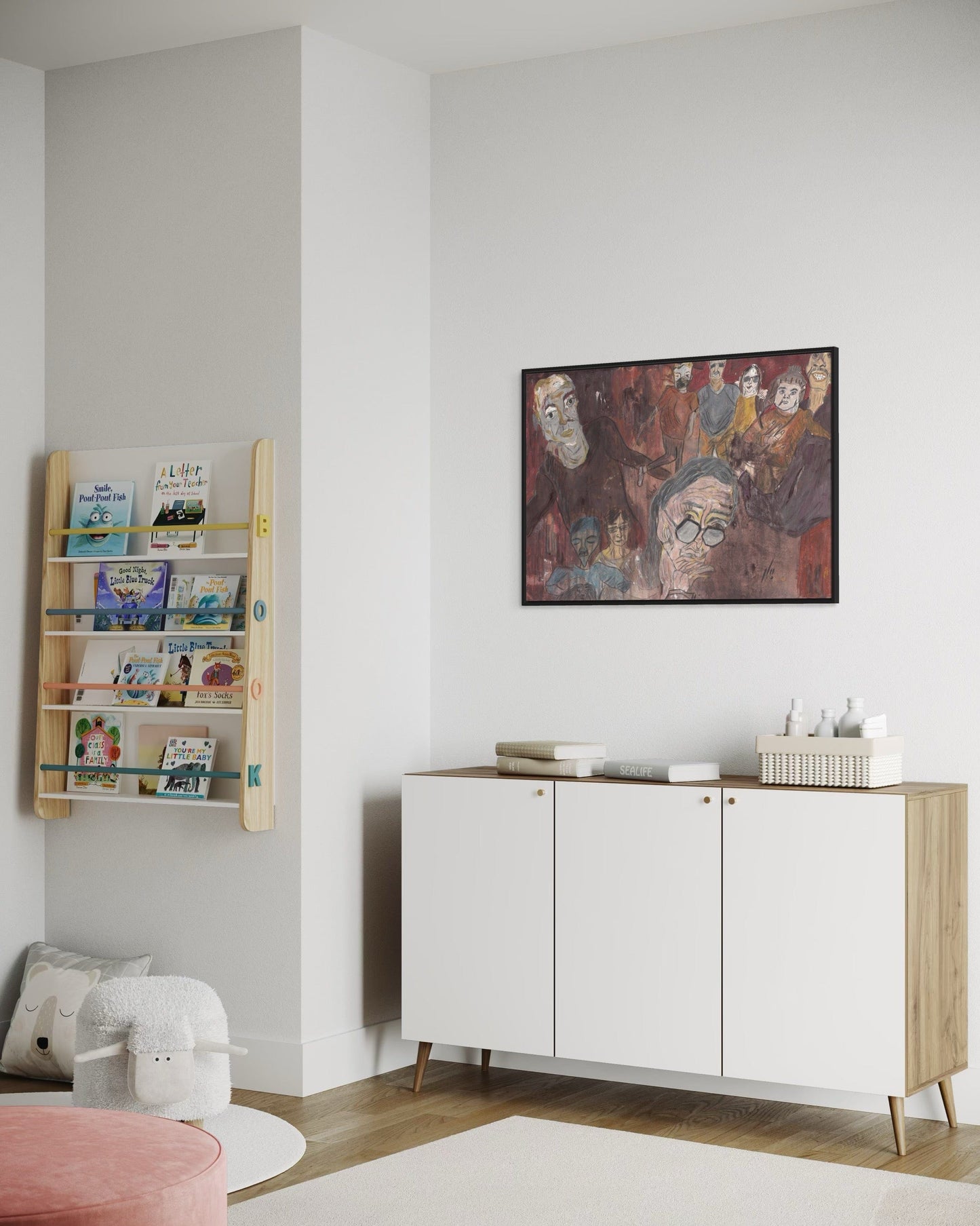 Modern interior with a sideboard, bookshelf, and abstract painting on a white wall.