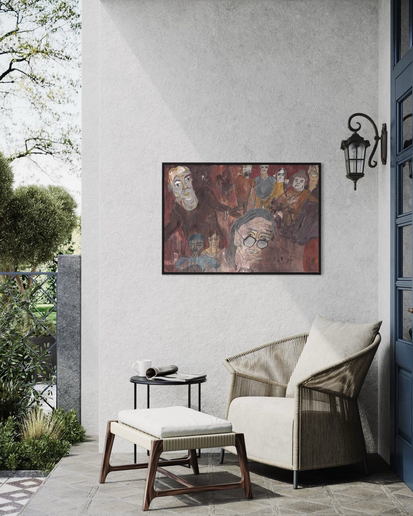 Modern outdoor seating area with a wall-mounted painting
