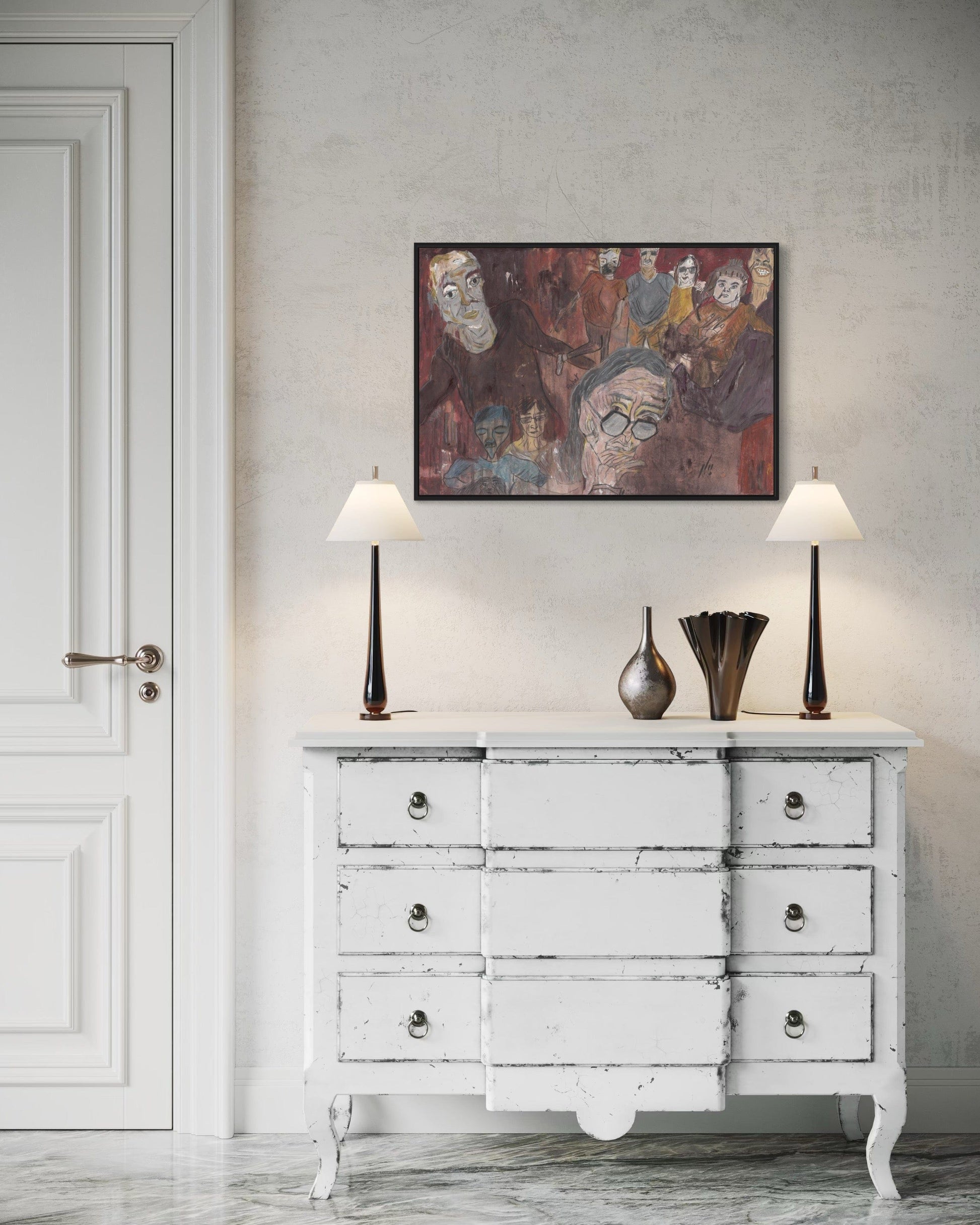 White distressed dresser with two lamps and a colorful abstract painting on a gray wall.