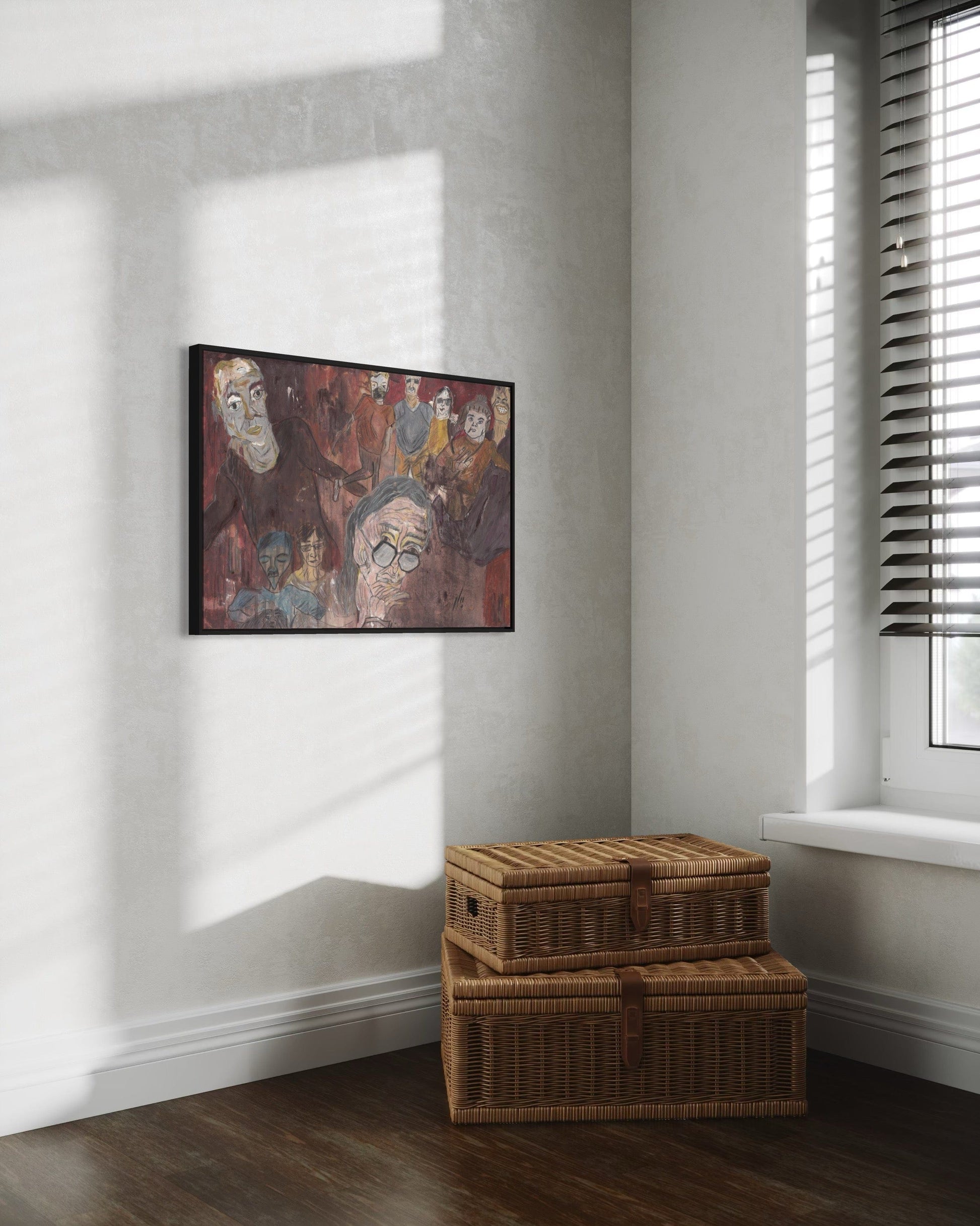 Room interior with a painting on the wall and wicker storage boxes on the floor.
