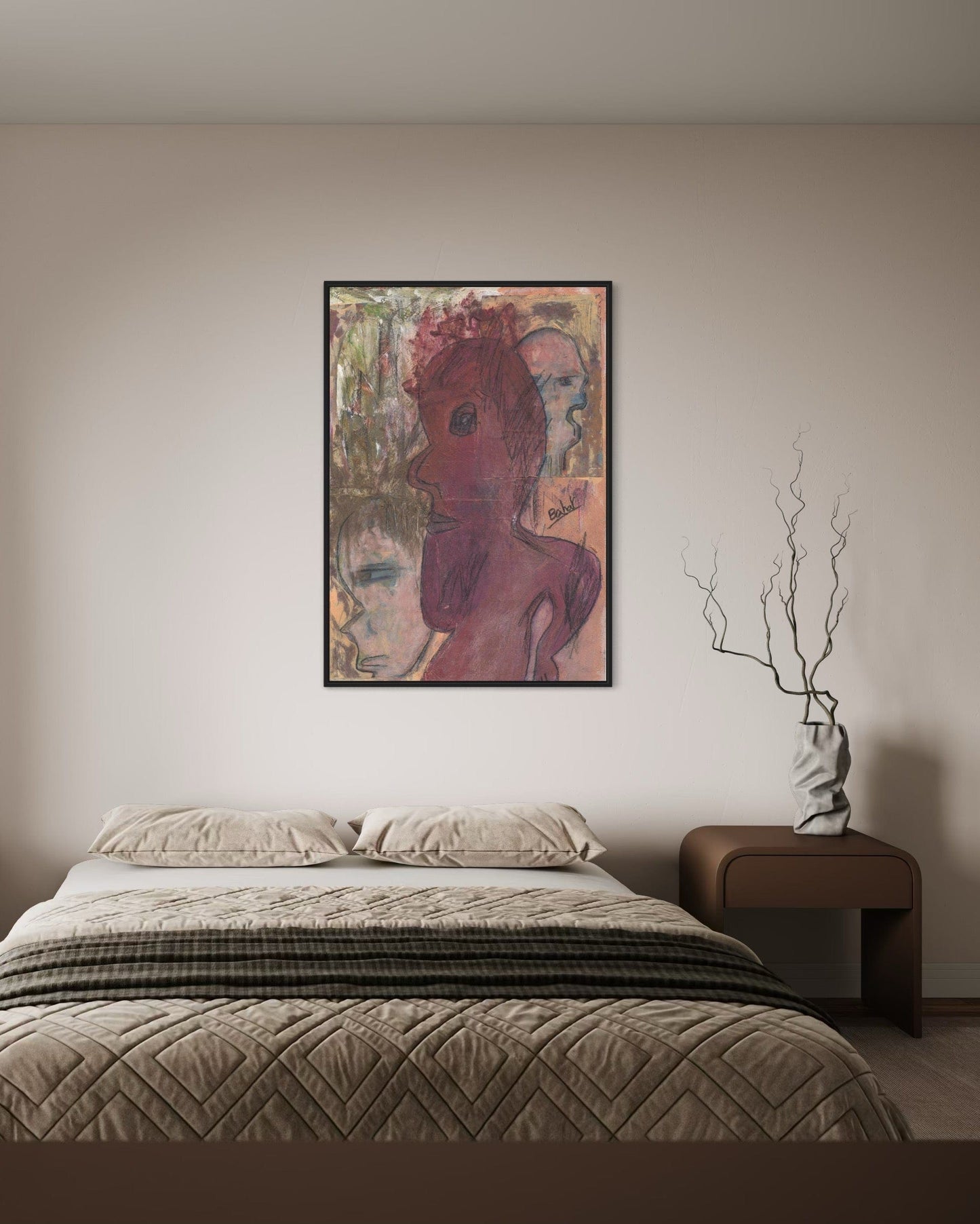 Bedroom with a painting of a red horse on the wall above the bed.