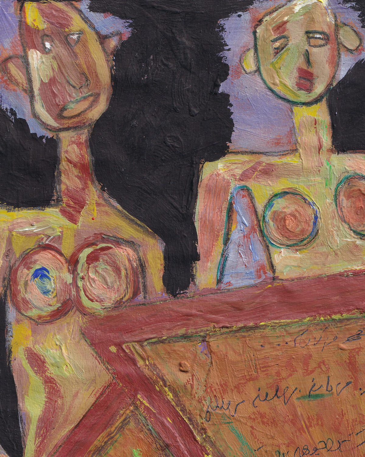 Abstract artwork with colorful faces and shapes on a black background