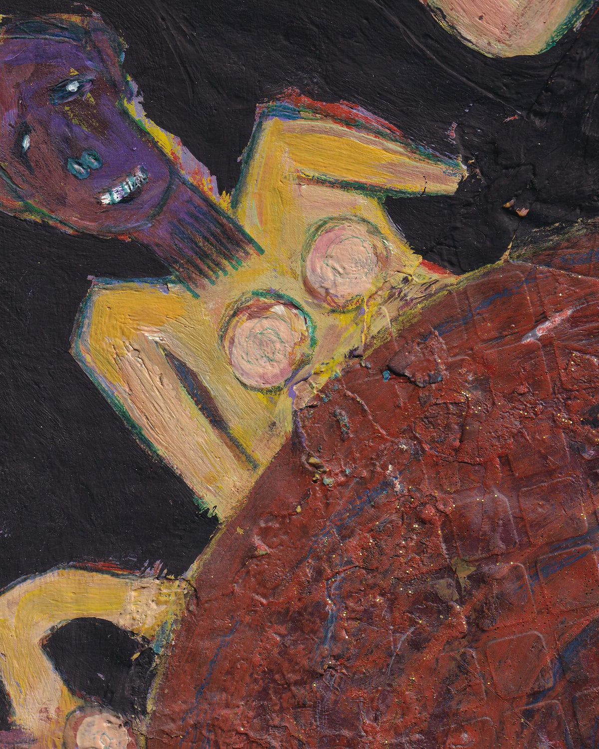 Abstract artwork with a purple figure and a yellow figure on a dark background