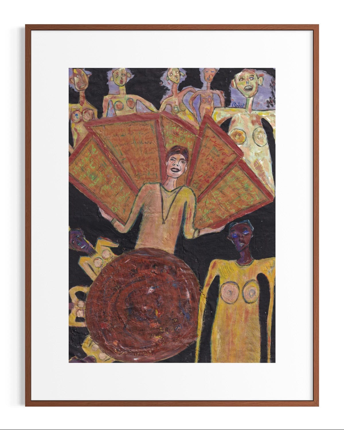 Framed artwork of a person holding a large shield with other figures in the background.