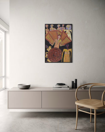 Modern interior with a painting on the wall above a cabinet.