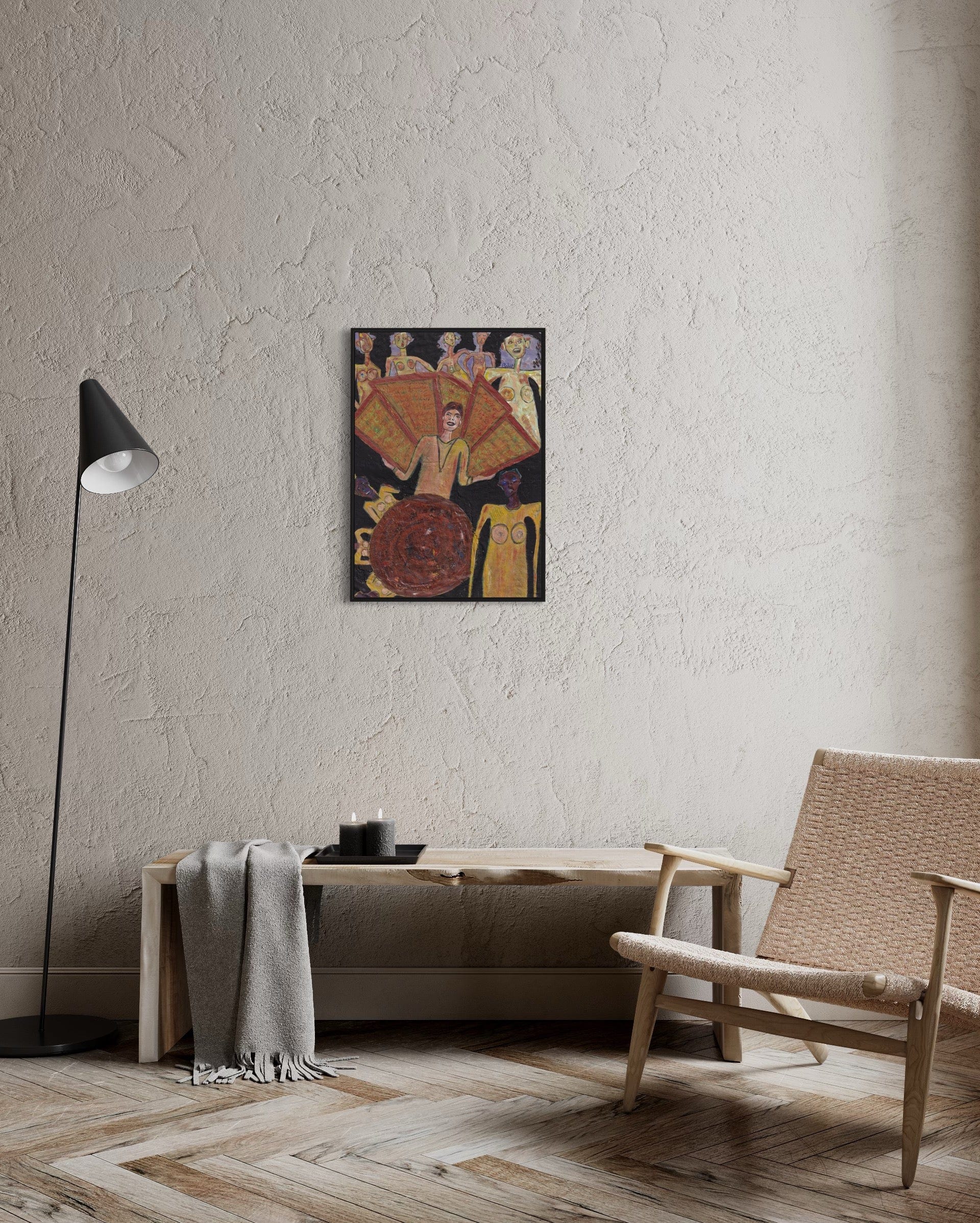 Room interior with a painting on the wall, a chair, and a lamp.