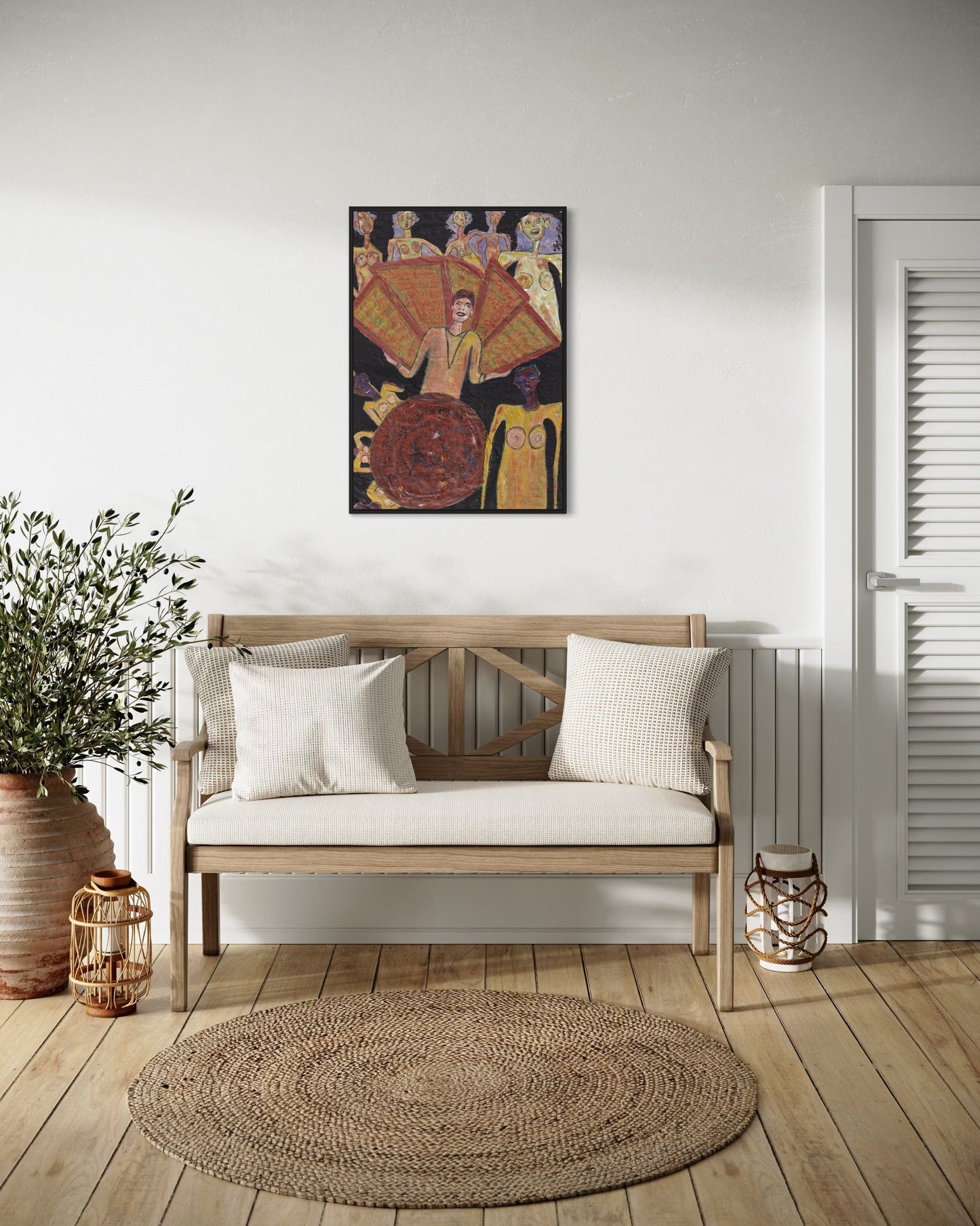 Wooden bench with white cushions in a room with a painting above it, plants on either side, and a rug on the floor.