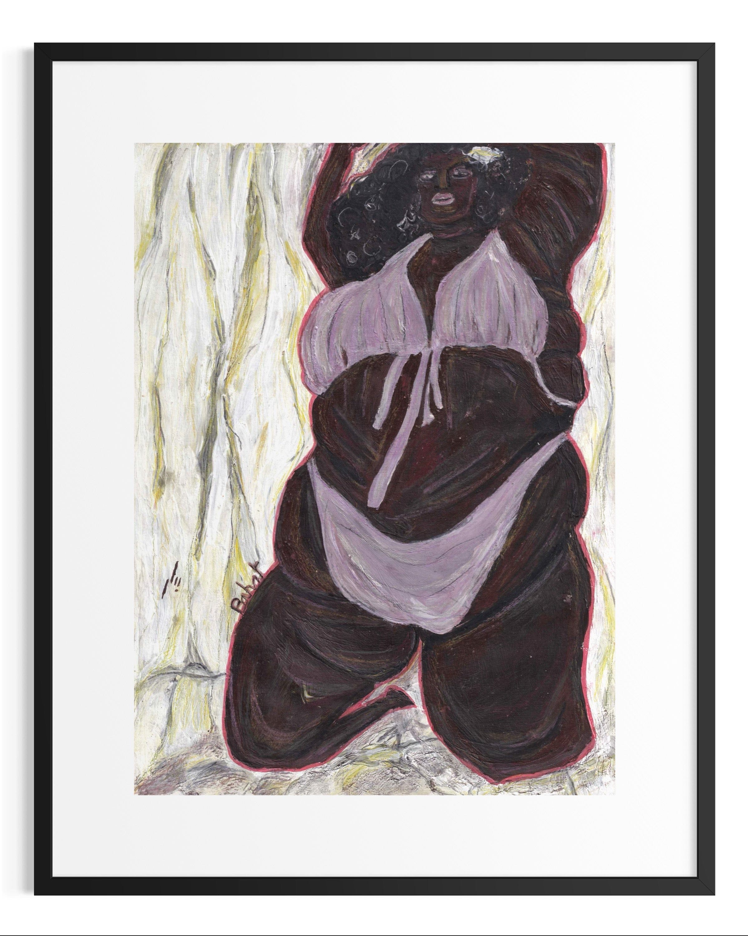 Framed artwork of a stylized figure with a black and white background