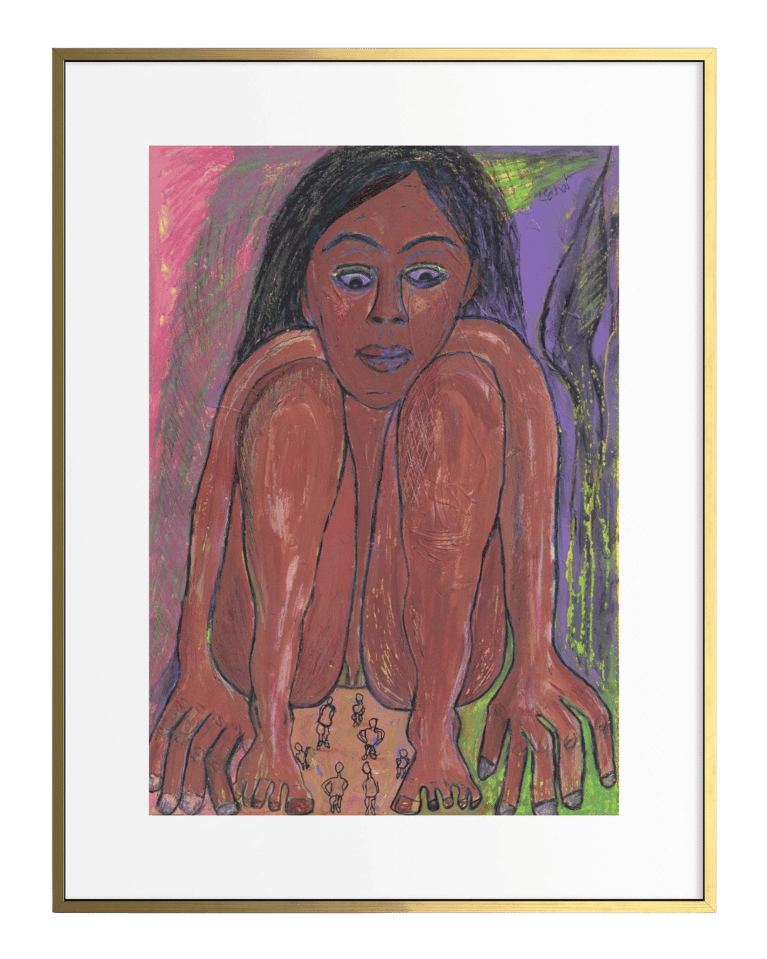 Framed artwork of a stylized figure with a colorful background