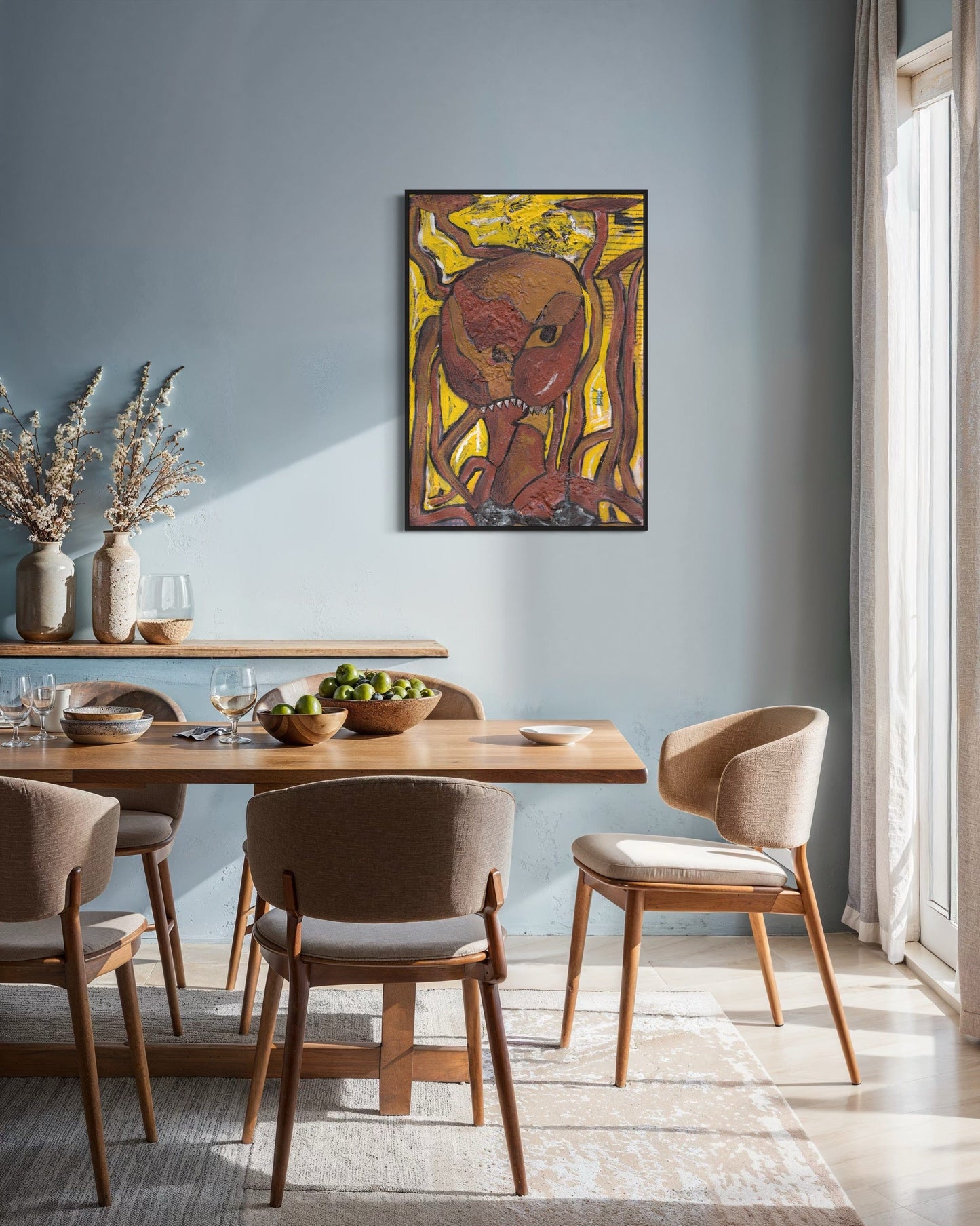 Dining room with wooden table and chairs, colorful abstract painting on wall.