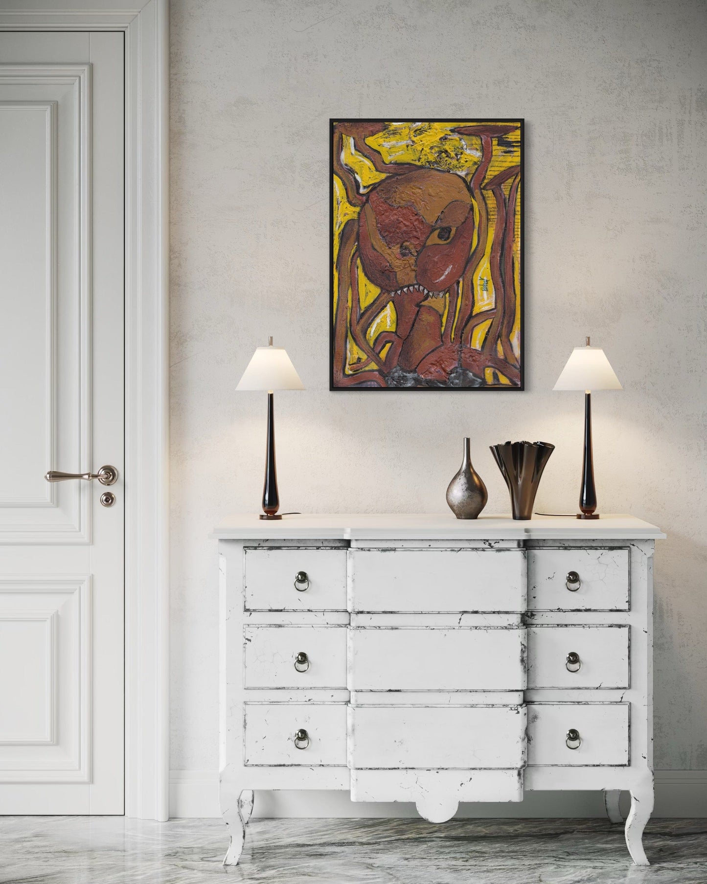White distressed dresser with a colorful abstract painting above it in a room.