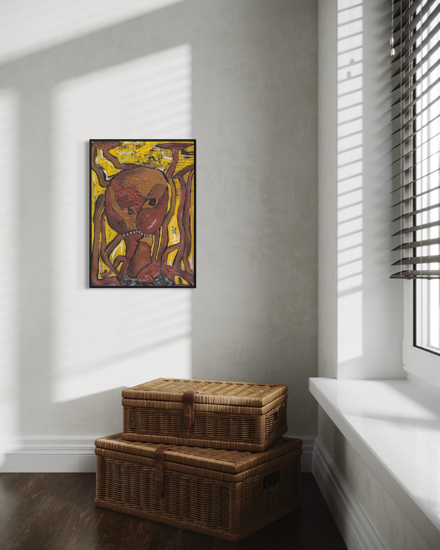 Wicker storage baskets on a wooden floor with a colorful painting on the wall.