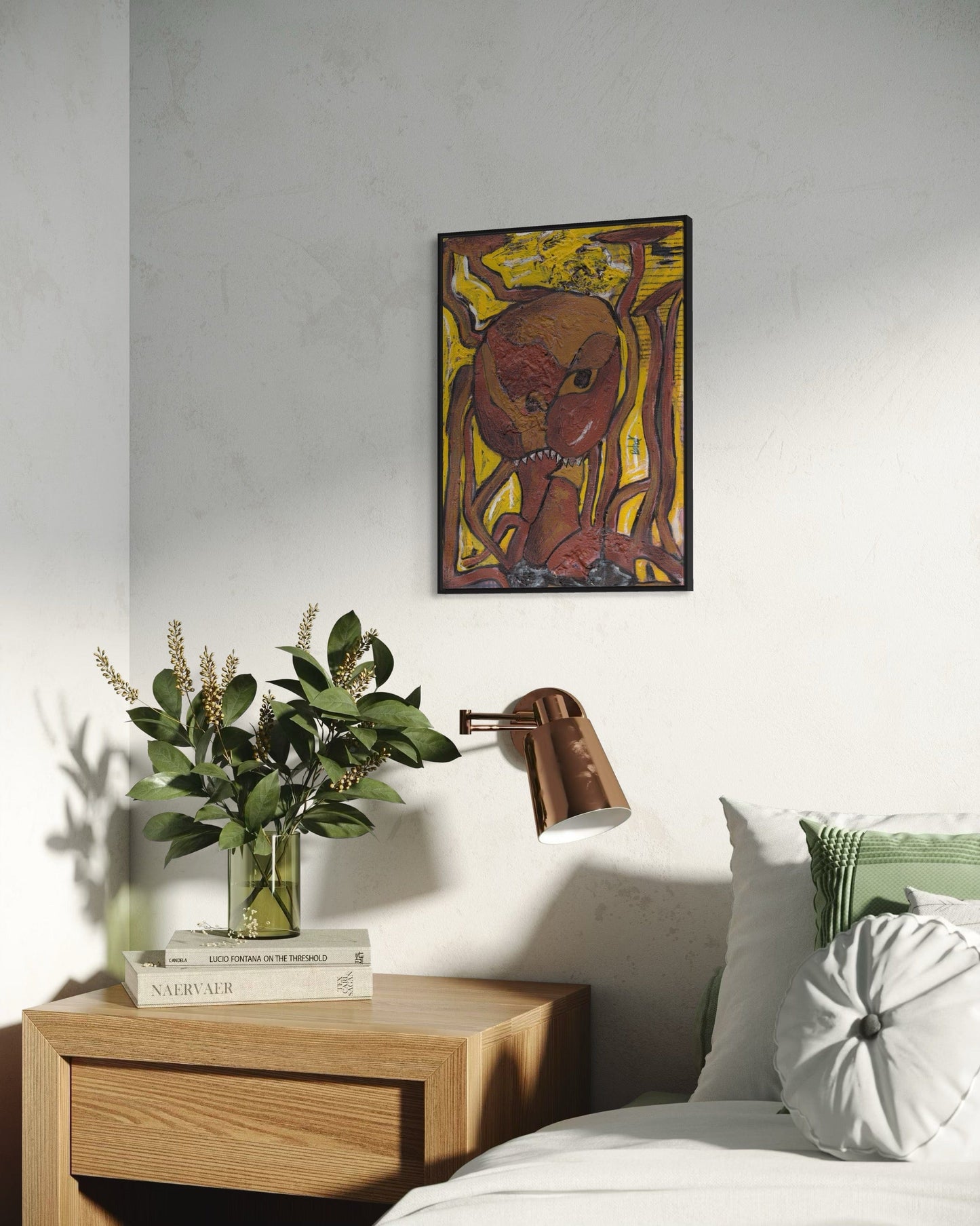 Bedroom with wooden nightstand, lamp, and wall art
