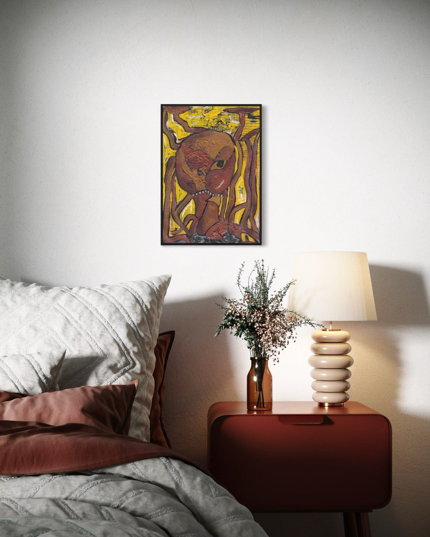 Bedroom with a painting on the wall, a lamp, and a vase on a nightstand.