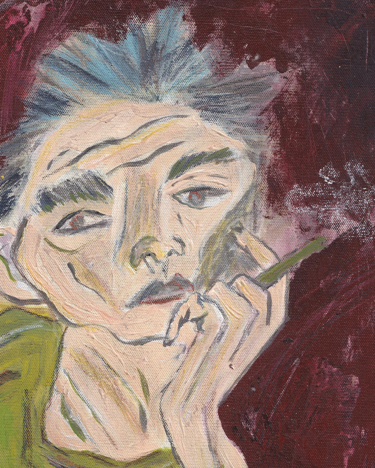 Artistic depiction of a person with a contemplative expression, using a limited color palette.