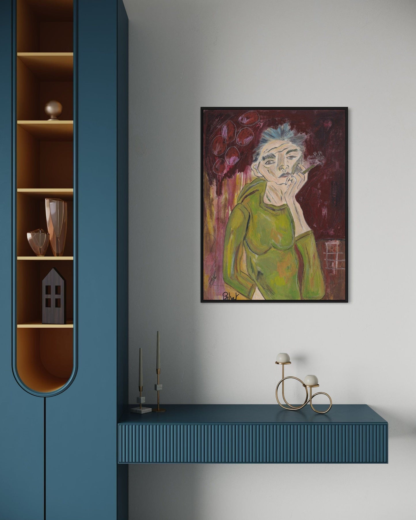 Modern interior with a blue wall unit, shelves, and a framed painting of a woman.