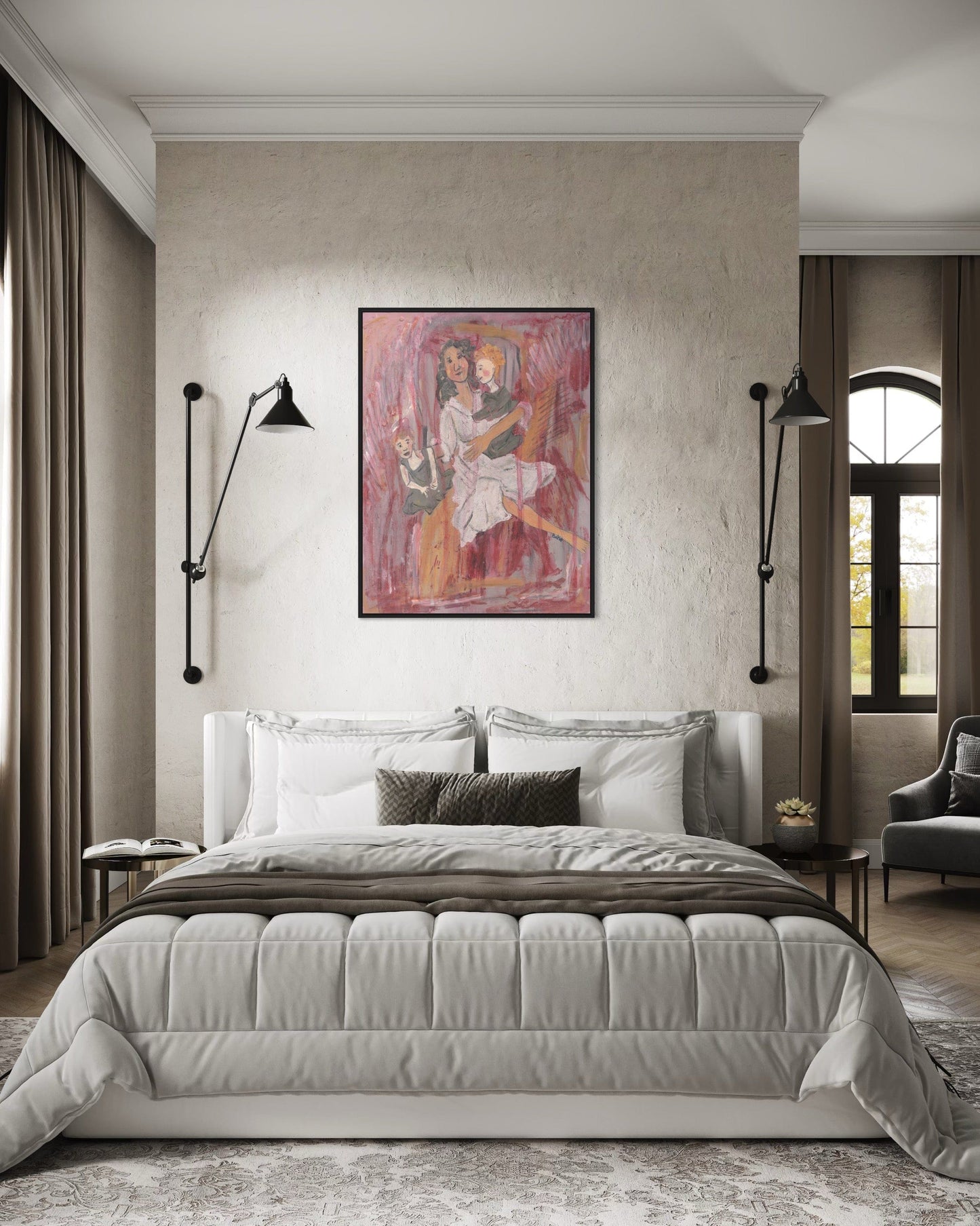 Modern bedroom with a bed, wall art, and side lamps.