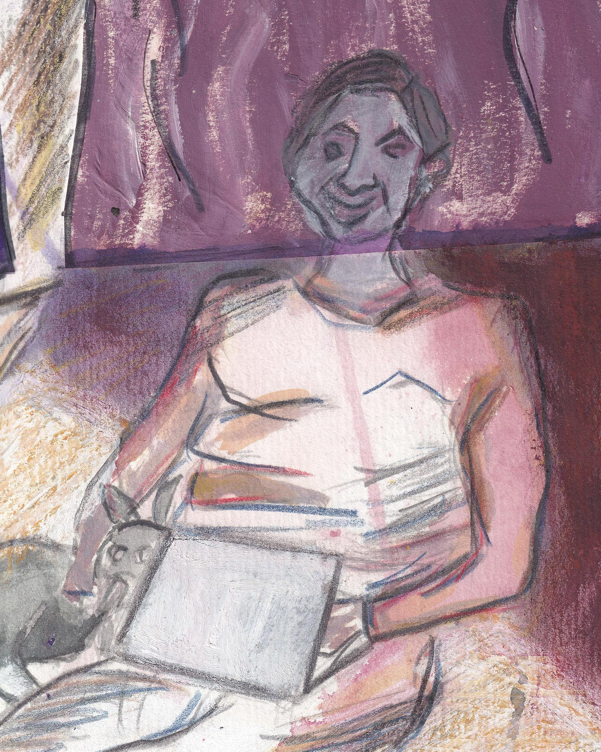 Artistic depiction of a person sitting with a cat, holding books, in a stylized manner.
