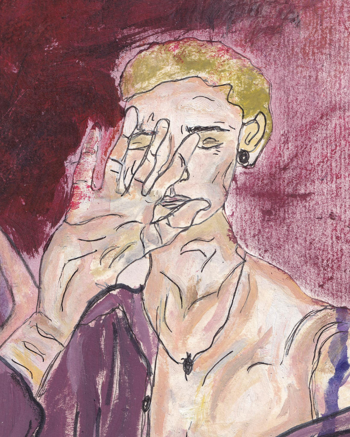 Artistic depiction of a person with a hand covering their face against a textured red background